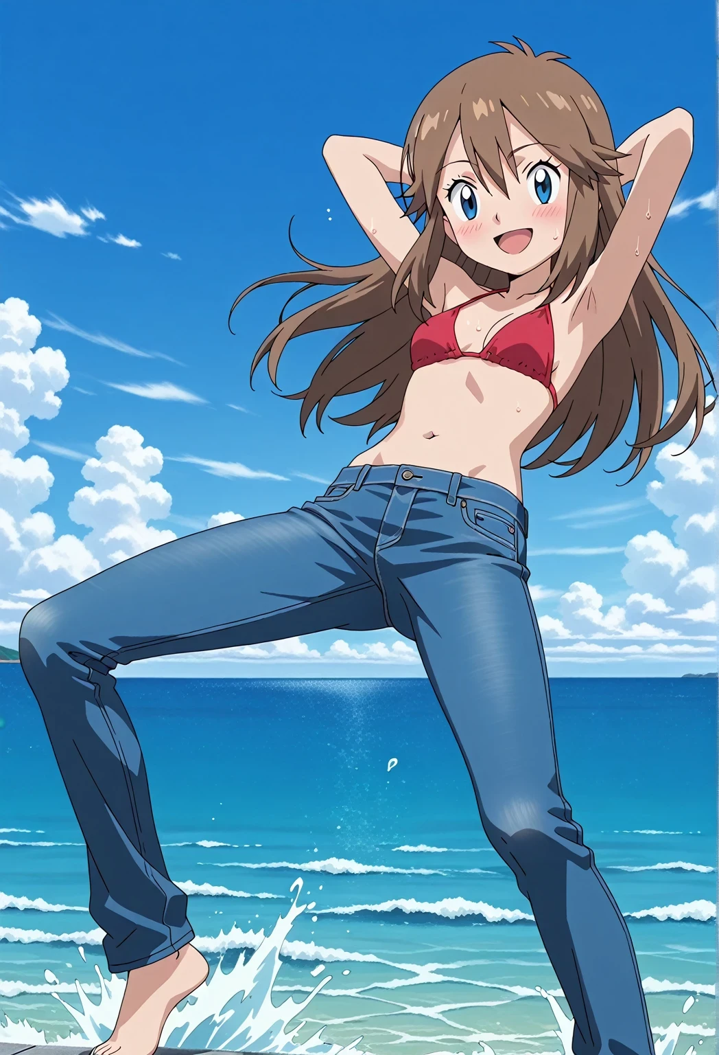score_9, score_8_up, score_7_up, source_anime, highres, hi res, ((best quality, top quality, perfect quality, Highest Quality, amazing quality)), {{masterpiece}}, {{an extremely delicate and beautiful}}, 2d, intricate details, official style, anime, 8k, anime style, official_anime, official art, digital painting, cell shading, soft shading, high resolution, soothing tones, Subdued Color, Soft cinematic light, adobe lightroom, photolab, HDR, intricately and hyper-detailed, ((high quality animation)), 1 girl, Alone, solo, ((ocean)), tsunami, on the water, day, sunny, outdoors, sky, windy, pokemonmay, Pokemon ag, long hair, blue eyes, brown hair, hair between eyes, anime screencap, small breasts, red bikini top, best quality, hyper-detailed jeans, ((blue jeans:1.9)), (dark blue jeans:0.6), full medium body, medium shot, Open mouth, smiling, happy face, blush, sweat, standing, ((arms behind head:6.0)), ((perfect arm line:2.5)), bowlegged, jumping pose, action, looking at viewer, spread legs, Bend knees slightly, straight-on front view