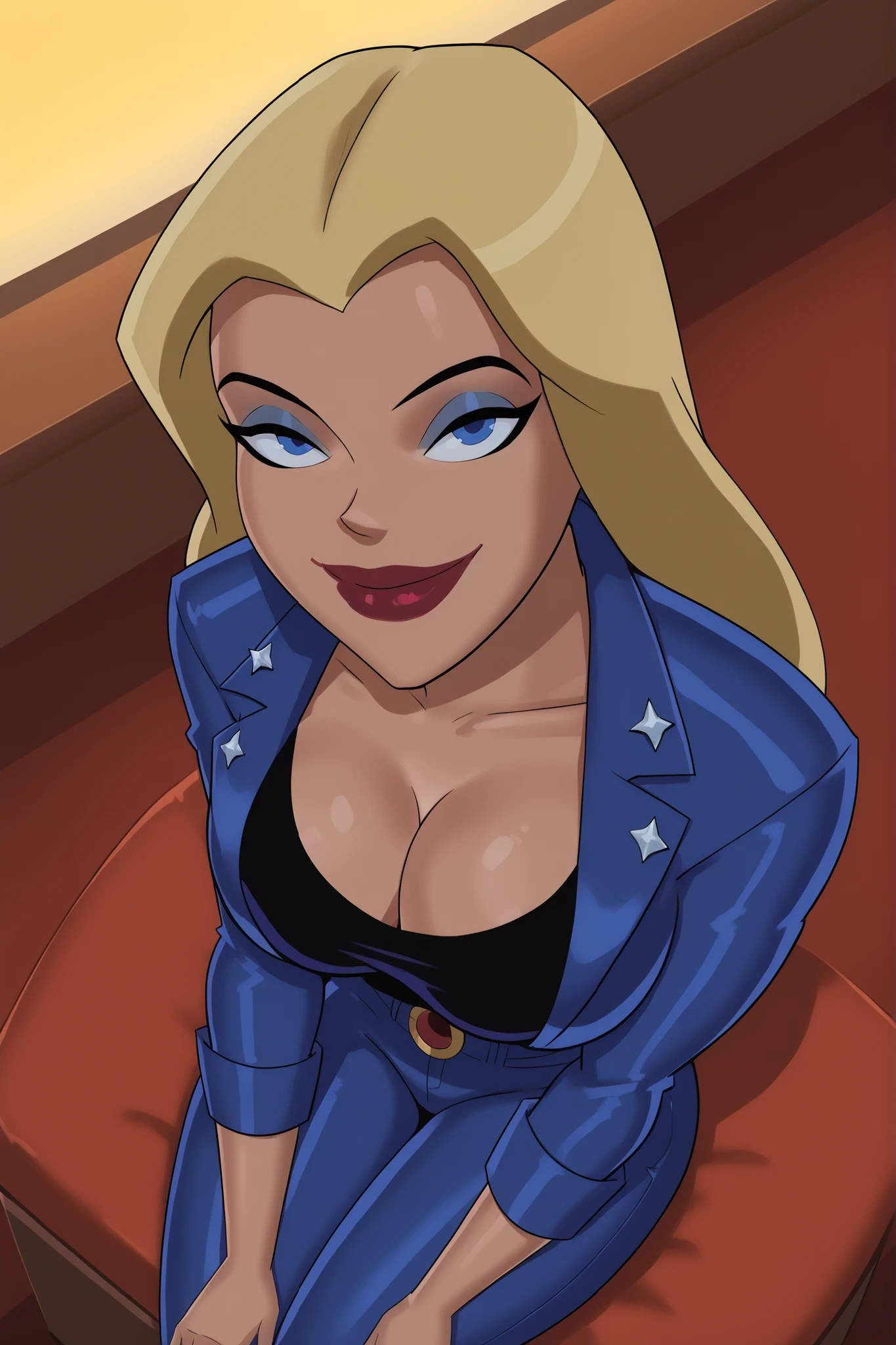 BREAK, score_9, score_8_up, score_7_up, score_6_up, masterpiece, high quality, perfect face, perfect eyes, StargirlDR, solo, 1girl, blonde hair, long hair, blue eyes, dark red lipstick, makeup, , cleavage, curvy, athletic, looking at viewer, seducing viewer, teasing viewer, smiling, closed mouth, expression, bedroom eyes, busty, long sleeves, dark blue leather jacket, dark blue crop top, dark blue jeans indoors, bedroom, sitting in chair, high-angle view, dark blue eyeshadow, portrait, upper body, closeup