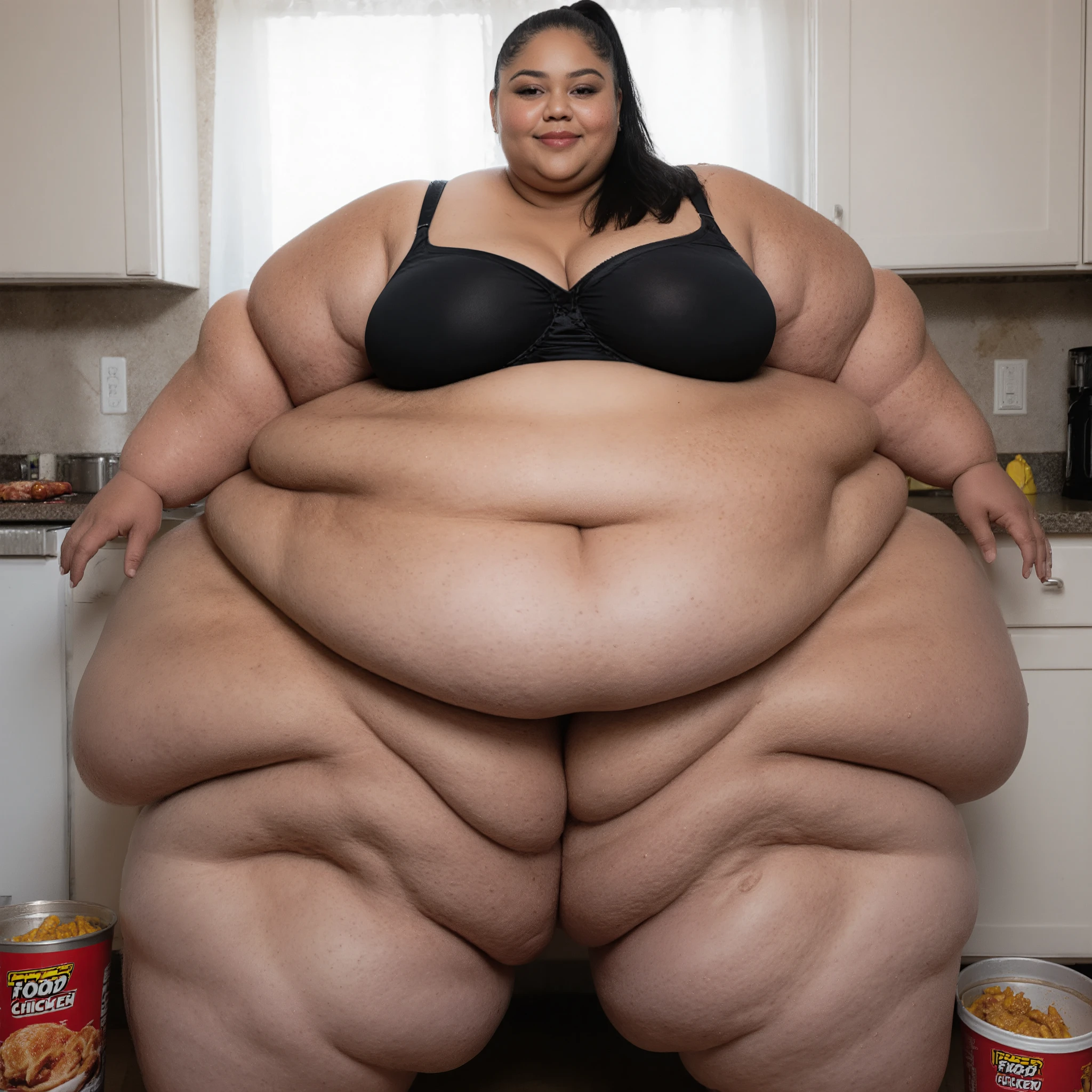 A highly detailed photorealistic photo of the most extremely fat, massively plus-sized, extremely beautiful woman imaginable standing in a full body shot. She is an ultra-morbidly obese, hyper super super sized USSBBW, a SSBBW weighing over 1000 pounds with countless massive rolls of fat cascading down her body, a gigantic apron belly sagging heavily over her knees, enormous hips wider than a doorway, and thunderous thighs each thicker than a tree trunk. Her entire frame is buried under layers of soft, jiggling blubber, with deep creases and folds everywhere. She is wearing a tiny black micro bikini that strains and barely covers anything, her colossal natural sagging breasts overflowing massively. Her ass is an immense, shelf-like expanse of fat protruding far behind her. She has hugely fat, pillowy arms that hang like pendulums, multiple chins, and thick neck rolls. Her face is extremely beautiful, pretty and attractive, yet hugely fat and chubby, with huge plump lips, rosy cheeks, and double chins. She is a teenager with flawless, youthful features. She is an african american, black woman with dark skin, black hair in a high ponytail, and she's looking directly at the viewer with a seductive, inviting smile. She stands in her kitchen, with a fast food chicken bucket scattered on the sides, emphasizing her indulgent lifestyle. The image is ultra-photorealistic in 8K resolution, with intricate skin textures showing pores, cellulite, stretch marks, and realistic sweat glistens, global illumination casting soft natural light from a window, detailed shadows highlighting every fat fold and curve, high dynamic range for depth and realism.