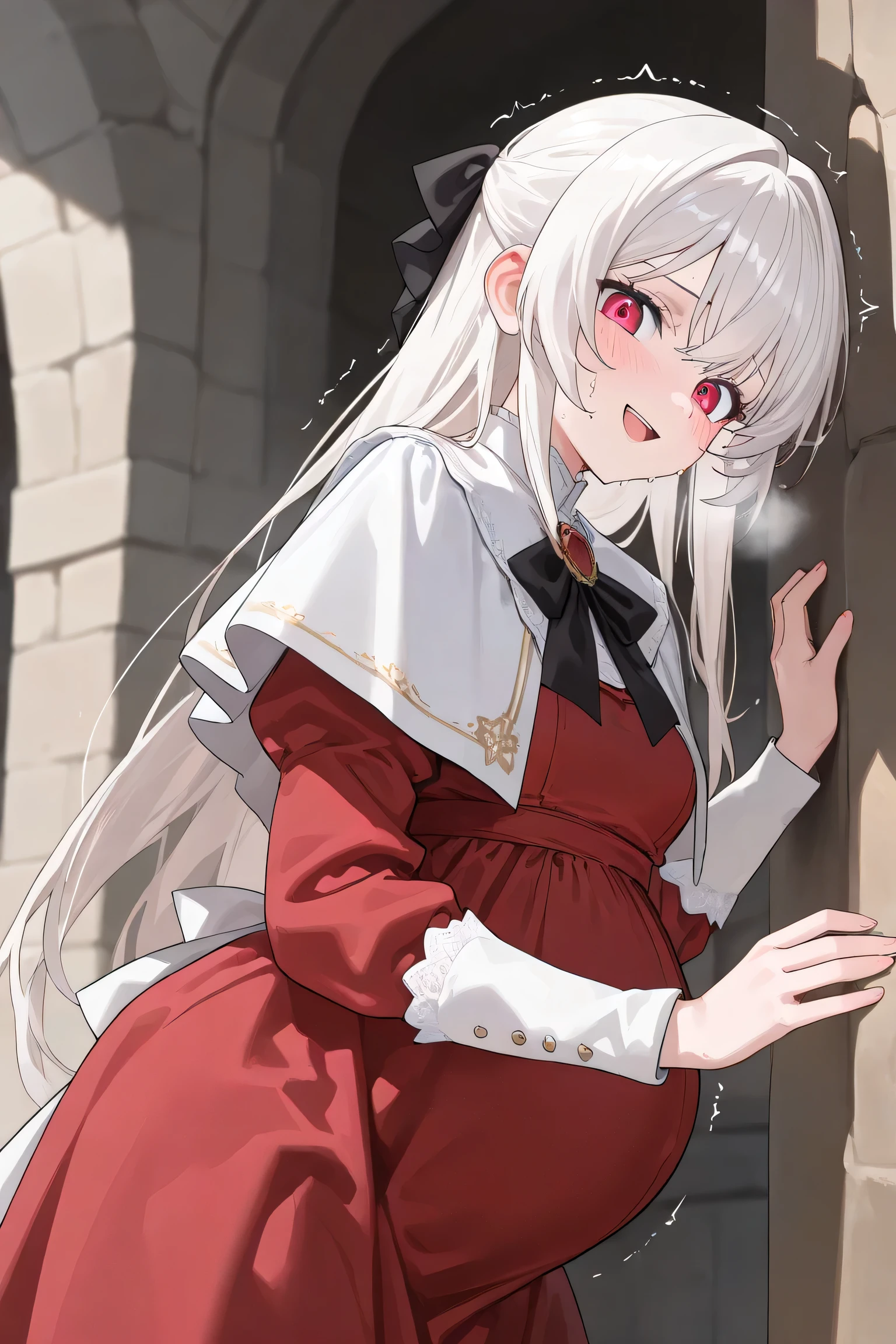 (Best quality, 4k, 8k, high resolution, masterpiece:1.2), ultra detailed, intricate details, beautiful girl, SOLO,  alone, long white hair, bangs, red colored eyes, small-medium breasts, perfect smooth skin, head tilted, (Pregnant:1.0), black ribbon hair, victorian dress, red dress, side view, pain, at medieval town on streets, white capelet, looking at viewer, smile lighly, Hand on wall, lean forward, looking down, sweating, (Blush:1.0), open mouth, embarrassed, heavy breathing, trembling, water broke, [[pussy:1.5]],