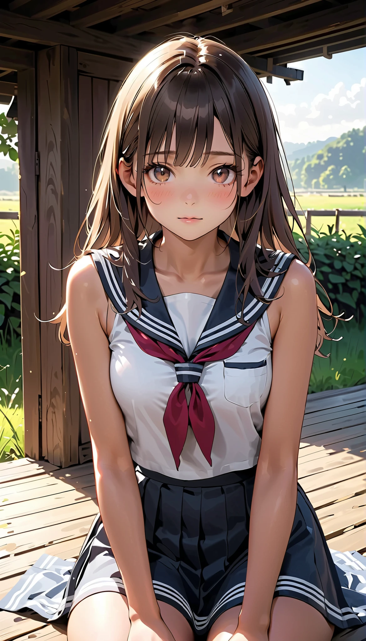 masterpiece, dark skin, brown skin, long hair, has small , young, cute, embarrassed face, countryside, photorealistic, 8k, vivid colors, realistic, physically-based rendering, at dusk, warm light, delicate , a face that still retains a youthful look, embarrassed look, , high school students, sailor suit, sleeveless, short, shy face, brown hair, young lady, alone, noble person