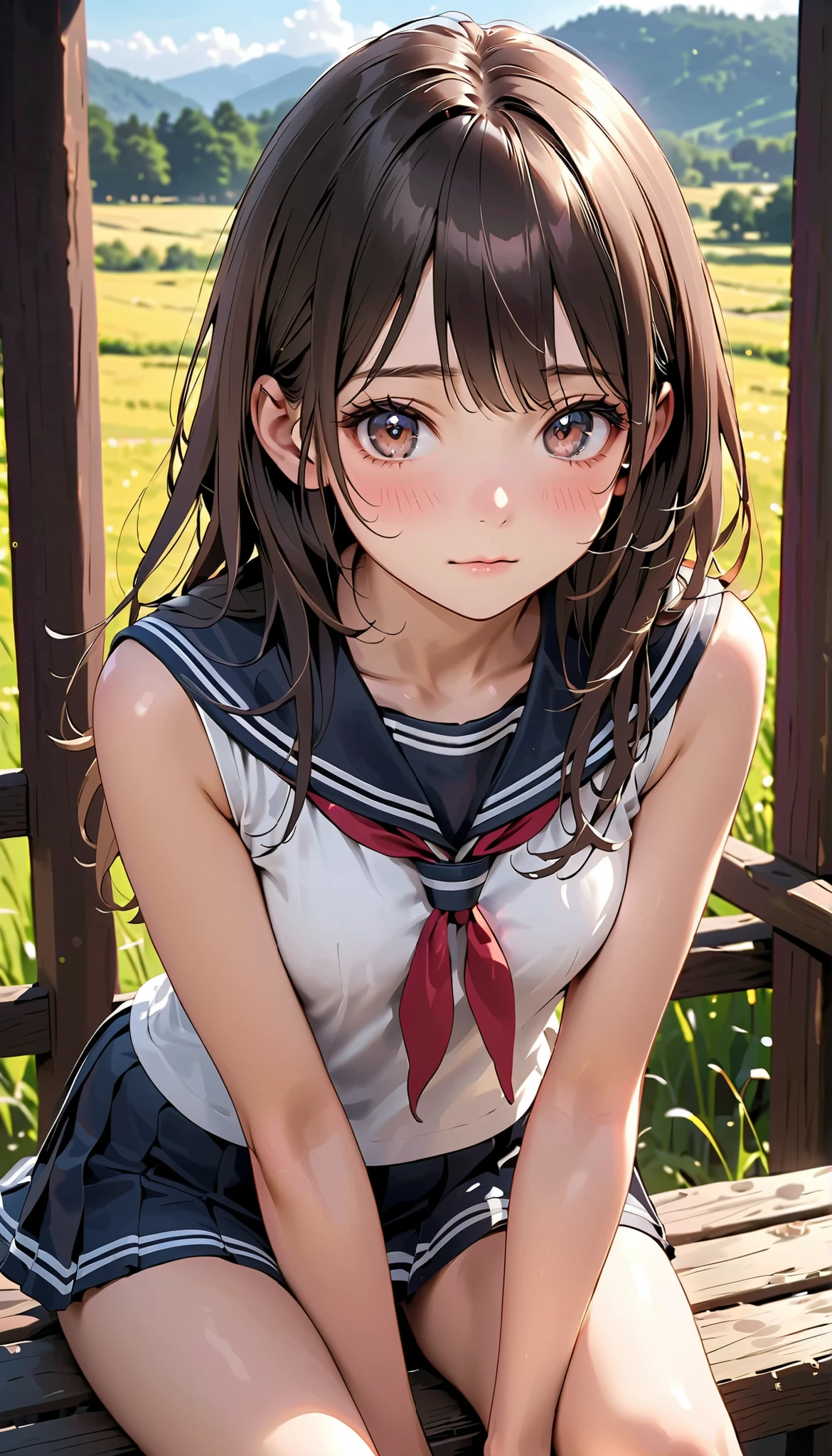masterpiece, dark skin, brown skin, long hair, has small , young, cute, embarrassed face, countryside, photorealistic, 8k, vivid colors, realistic, physically-based rendering, at dusk, warm light, delicate , a face that still retains a youthful look, embarrassed look, , high school students, sailor suit, sleeveless, short, shy face, brown hair, young lady, alone, noble person