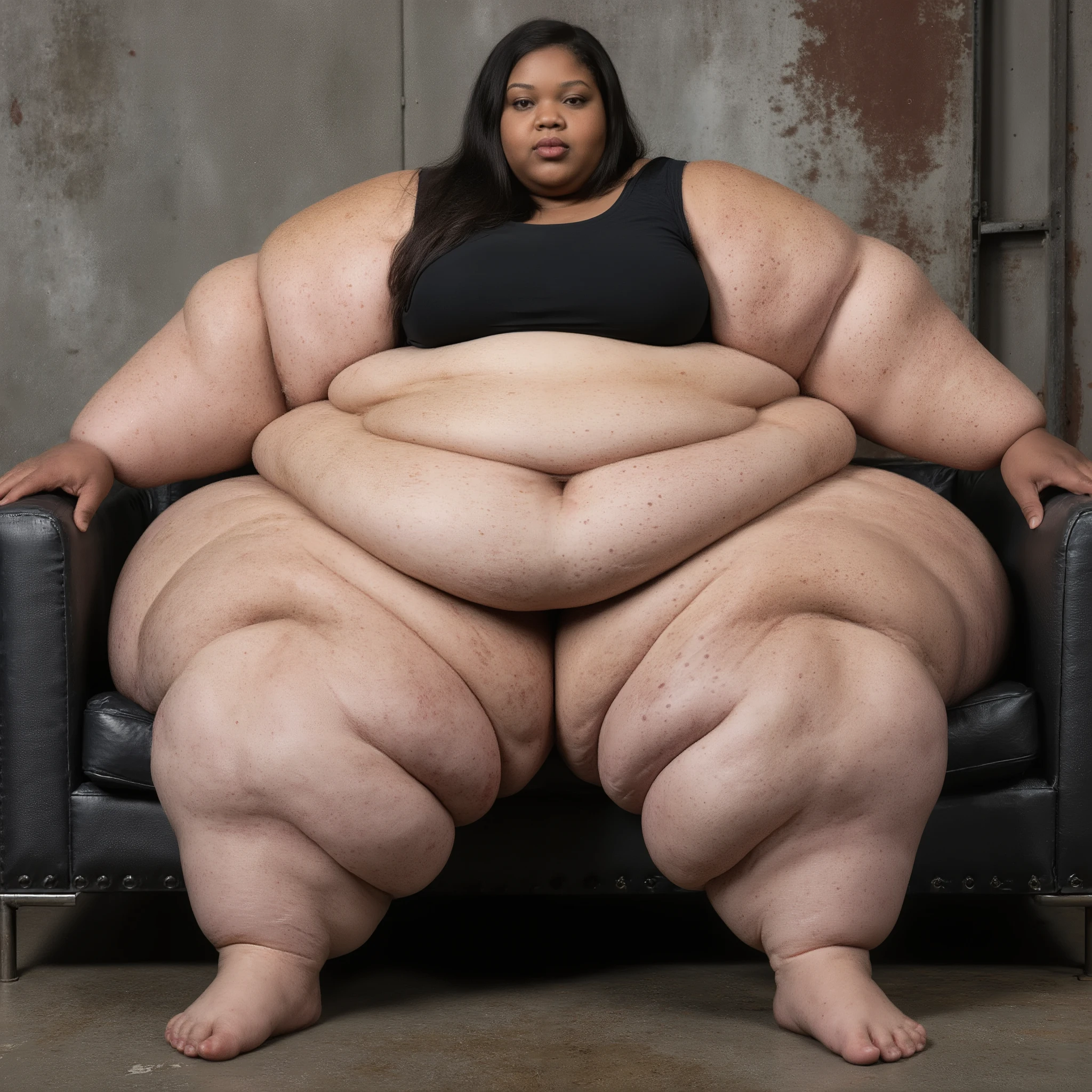 Photorealistic full-body photo of an unimaginably ultra-morbidly obese African American teenage woman, an extreme hyper mega SSBBW USSBBW weighing over 6000 pounds with 97%+ body fat, sitting on a heavily reinforced industrial sofa, fully in frame, optimized for Flux Krea. Her titanic body is buried under infinite cascading fat rolls from head to toe, with a (monumental apron belly:4.0) pooling on the floor like a vast fleshy ocean, ultra-wide hips wider than a quintuple door, and gargantuan thighs thicker than five people, merging with intense friction. Her continent-sized ass overwhelms the sofa, jiggling uncontrollably. Pendulous arms like overstuffed mattresses have countless rolls and enormous bingo wings; hands and feet are barely discernible. Her (gigantic sagging breasts:4.0) spill like massive beach balls. Her beautiful, unfathomably fat face has plump lips, bloated cheeks swallowing features, trigintuple chins engulfing shoulders and torso, with youthful African American features, rich dark skin, detailed cellulite, stretch marks, and creases. She gazes seductively at the viewer. Hyper-realistic, 8K, global illumination, vibrant colors, emphasizing quivering fat, deep folds, correct proportions. For Flux Krea, use CFG 4, Euler a, 25 steps.