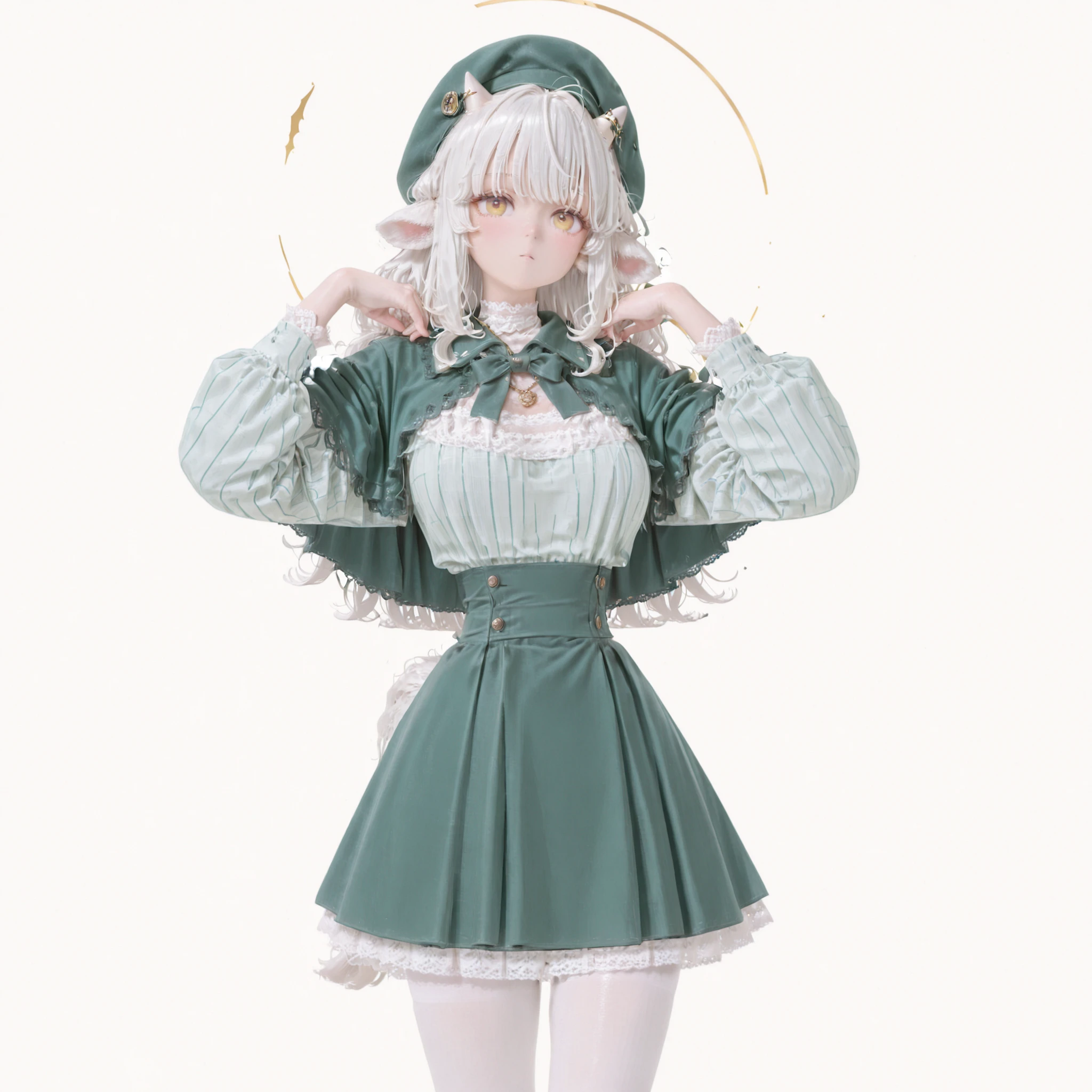 long hair, layered hair, fluffy hair, white hair, rosy skin, yellow eyes, thick thighs, slender body, large , small horns on head, sheep girl, fluffy small goat tail hips,detailed skin,white halter shirt,frilled shirt,lace-trimmed shirt,pinstripe shirt,(white blouse:0.8),puffy long sleeves,(green collared capelet),high collar,green high-waist shorts,gold line,green jewelry,necklace,circle skirt,(white tights), green beret, ,