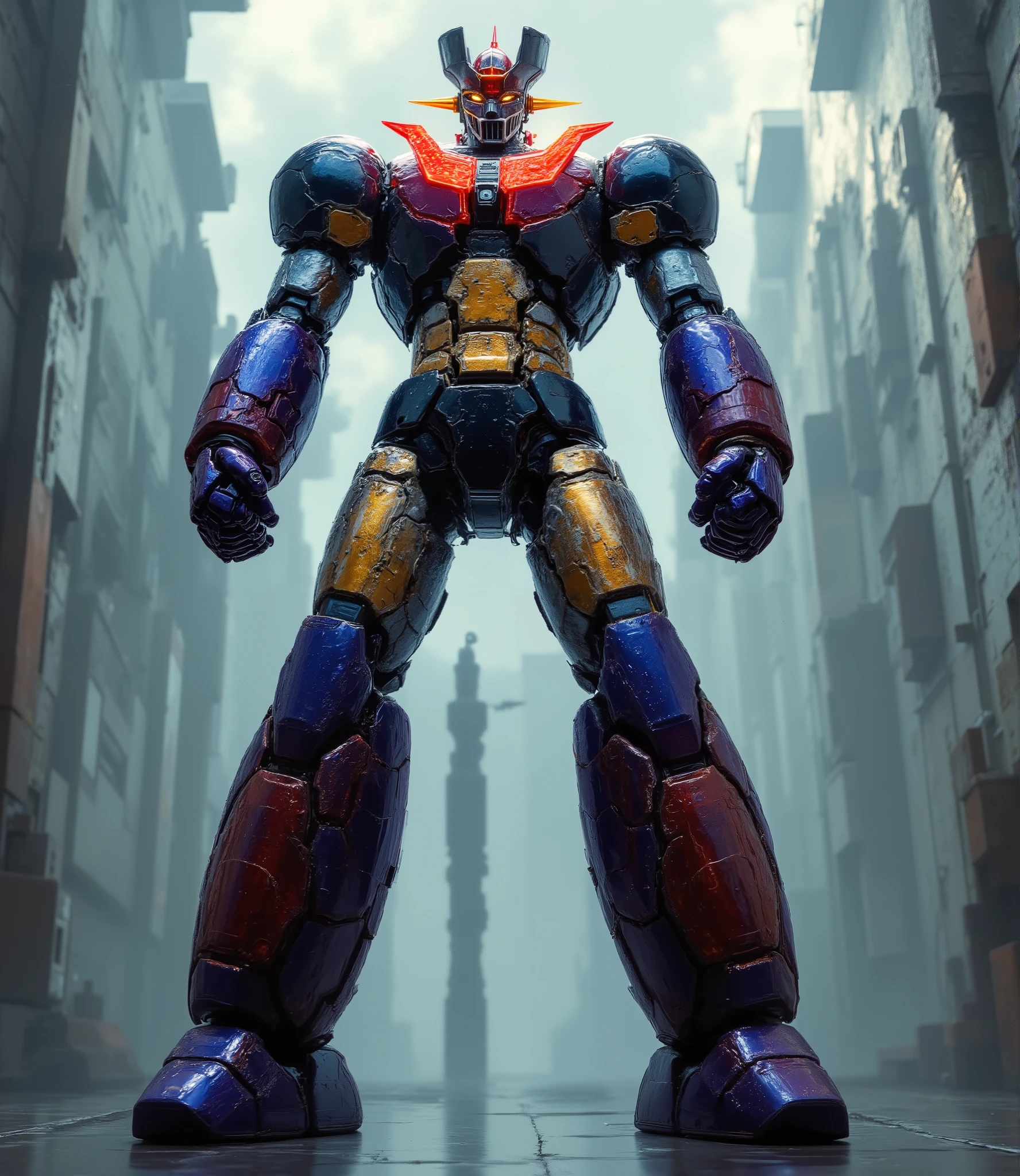 reflecting the whole body in the mirror　Mirrorworldを横切り、Very realistic Mazinger Z in a battle pose with a height of 100 meters and leaning forward ,  Mirrorworld　trapped in the mirror world 　the shadow of Mazinger Z is mirrored　face is projected onto the mirror surface、　Punch Pose Mirror Reflection　