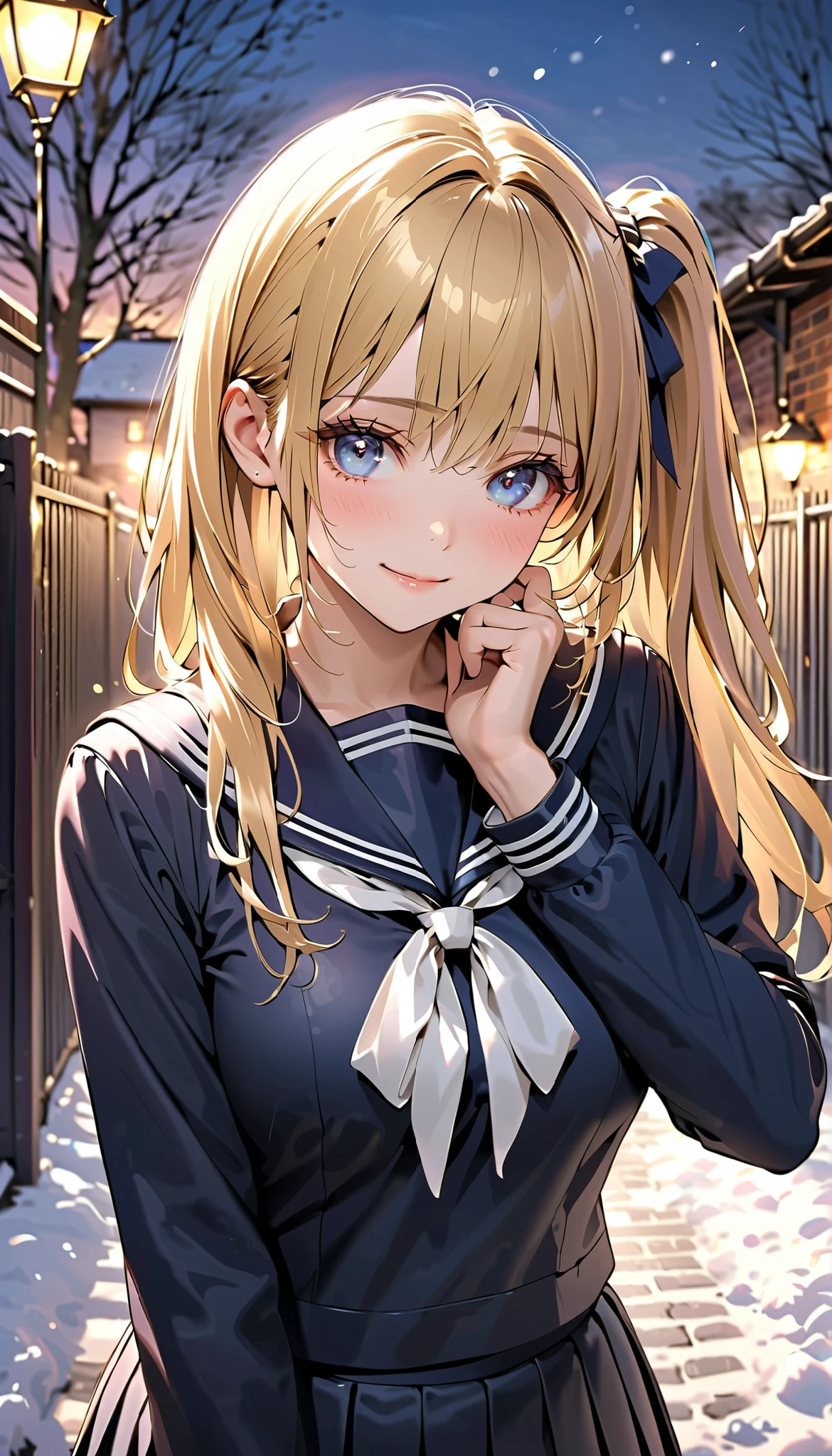 masterpiece, realistic, photorealistic, 

1 girl, high school girl, young, cute, 

long hair, side ponytail, blonde hair, , shiny skin, super detailed skin, 

navy sailor suit, winter uniform, long sleeves, navy pleated skirt, 

winter, evening, school gate, lovely smile, shy, upper eyes, 