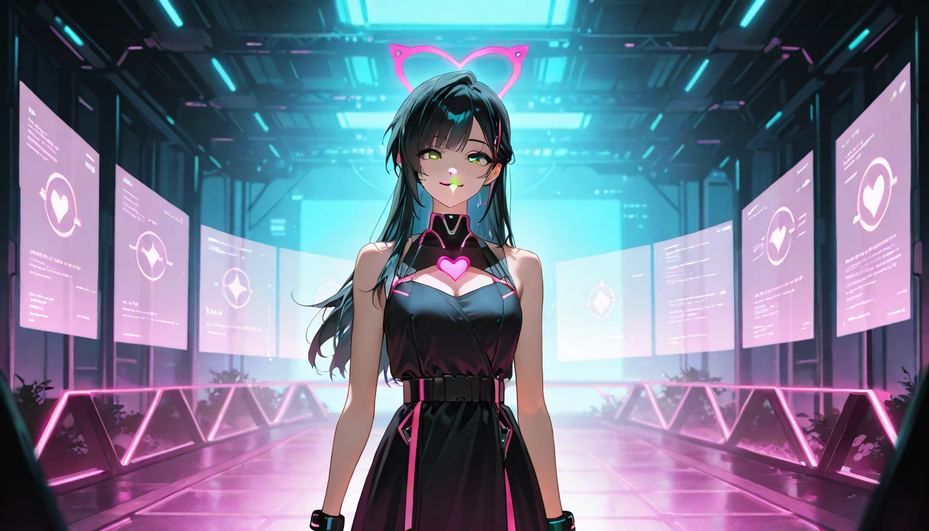 anime, masterpiece, ultra-detailed, high-contrast artwork, featuring a solo, full-bodied, plus-size woman from Brazil, standing on the edge of a towering skyscraper with long, silvery hair tied in a ponytail, her eyes as deep and radiant as ruby gems. She is dressed in a simple black qipao, accented by black cybernetics adorned with neon pink lights. Her  black socks add an ethereal touch.

The setting is the roof of the skyscraper, overlooking a city bathed in the soft glow of distant lights and low light pollution. The detailed background showcases the glimmering