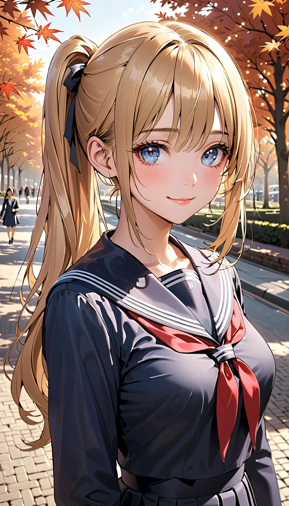 masterpiece, realistic, photorealistic, 
beautiful detailed hair, beautiful detailed face, beautiful detailed eyes, 
1 girl, high school girl, babyface, cute face:1.2, 

long hair, side ponytail, blonde hair, , shiny skin, super detailed skin, 

navy sailor suit, winter uniform, long sleeves, navy pleated skirt, 

autumn, evening, (park), lovely smile, shy, upper eyes, 