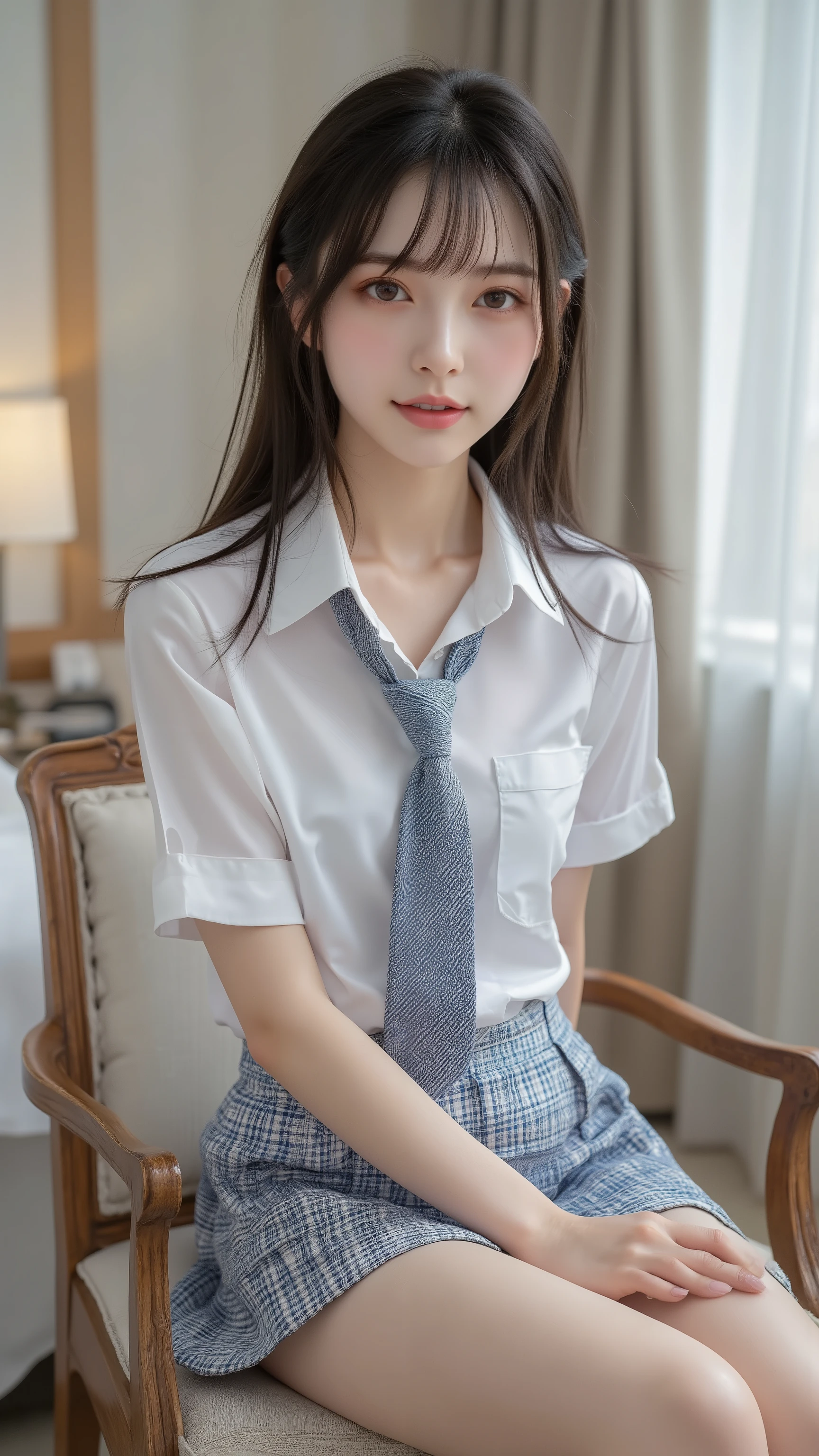 nsfw, Korean idol, Nogizaka idol,Actress, gravure idol, (8k, Original photo, Highest Quality, masterpiece:1.2), masterpiece, Highest Quality, shape, very detailed, fine detail, high resolution, 8k, Wallpaper, perfect dynamic configuration,(High Quality with Attention to Details , realistic eye depiction:1.3), (( sit down, high school students)), background is a luxury hotel room 、 Girls' High School Uniform、 blazer after face 、 super short checked uniform skirt 、 navy blue knee-high socks、 garter belt, long hair, dark haired, big boobs, dark eyes, Big Natural Colored Lips, bold and sexy pose, (Perfect shape), crying a little、Gentle Gaze, beautiful makeup,The cutest 18 year old, Beautiful legs, gravure idol風ポーズ, thighs, Full Body, nsfw,(masturbates, thighsが濡れたパンティー:1.5), (close her eyes, it's there :1.5)