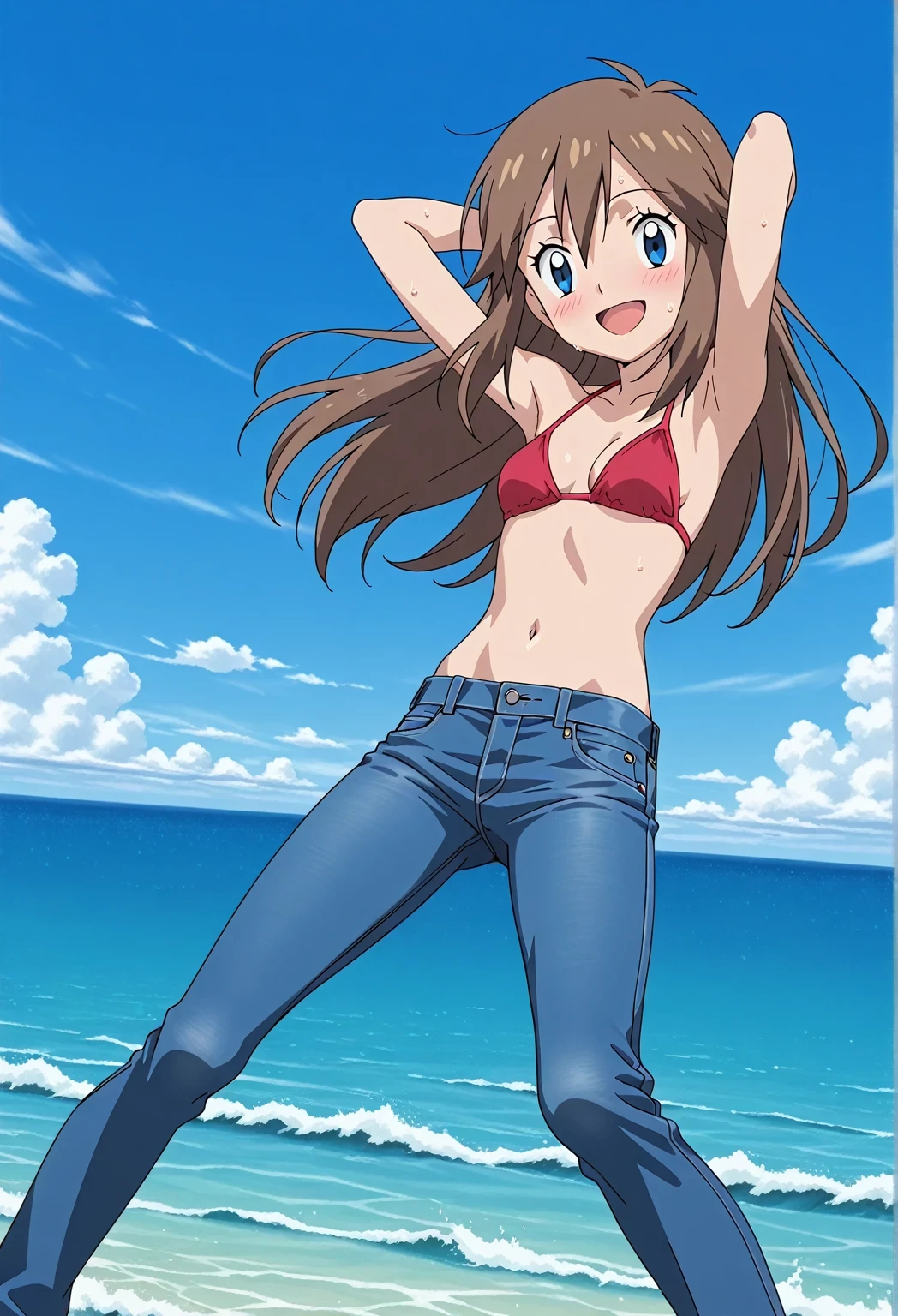 score_9, score_8_up, score_7_up, source_anime, highres, hi res, ((best quality, top quality, perfect quality, Highest Quality, amazing quality)), {{masterpiece}}, {{an extremely delicate and beautiful}}, 2d, intricate details, official style, anime, 8k, anime style, official_anime, official art, digital painting, cell shading, soft shading, high resolution, soothing tones, Subdued Color, Soft cinematic light, adobe lightroom, photolab, HDR, intricately and hyper-detailed, ((high quality animation)), 1 girl, Alone, solo, ((ocean)), tsunami, on the water, day, sunny, outdoors, sky, windy, pokemonmay, Pokemon ag, long hair, blue eyes, brown hair, hair between eyes, anime screencap, small breasts, red bikini top, best quality, hyper-detailed jeans, ((blue jeans:1.9)), (dark blue jeans:0.6), full medium body, medium shot, Open mouth, smiling, happy face, blush, sweat, standing, ((arms behind head:6.0)), ((perfect arm line:2.5)), bowlegged, jumping pose, action, looking at viewer, spread legs, Bend knees slightly, straight-on front view