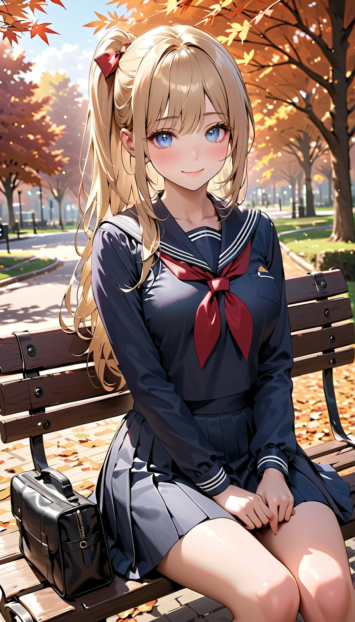 masterpiece, top-quality, ultra-high resolution, ultra detailed, realistic, photorealistic, 
beautiful detailed hair, beautiful detailed face, beautiful detailed eyes, 
1 girl, high school girl, young, babyface, cute face:1.2, 
(long hair, side ponytail, long sidelocks, blonde hair), swept bangs, blue eyes, long eye lasher, (,  thighs), shiny skin, super detailed skin, tiny, 
detailed cloth texture, (navy sailor suit, winter uniform, long sleeves, navy pleated skirt), red bowtie, school bag on lap, 
autumn, evening, (park:1.5, autumn leaf), sitting on park bench, (lovely smile, shy, embarrassed, upper eyes), 