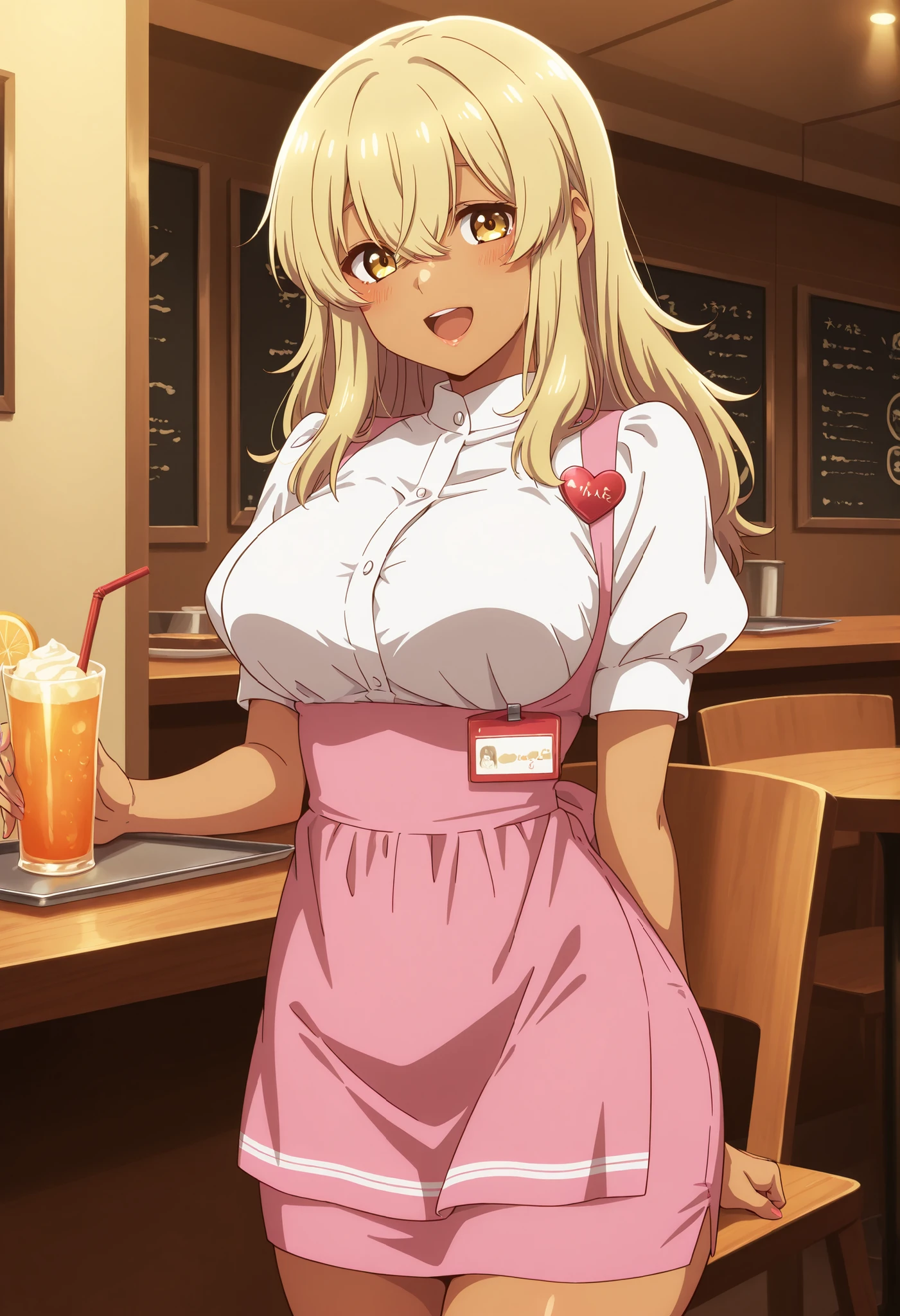 source_anime, kana higa, solo, long hair, bangs, blonde hair, hair between eyes, yellow eyes, tanned skin, large breasts,rouge lips, (best quality), (high quality), {masterpiece}, extremely delicate and beautiful, ultra-detailed, beautiful detailed eyes, anna miller, waitress, white shirt, short sleeves, puffy sleeves, pink suspender skirt, high-waist skirt, pink apron, name tag, heart pendant, restaurant, indoor, , smile,rouge lips , open mouth, siting on chair ,have a juice ,cowboy shot