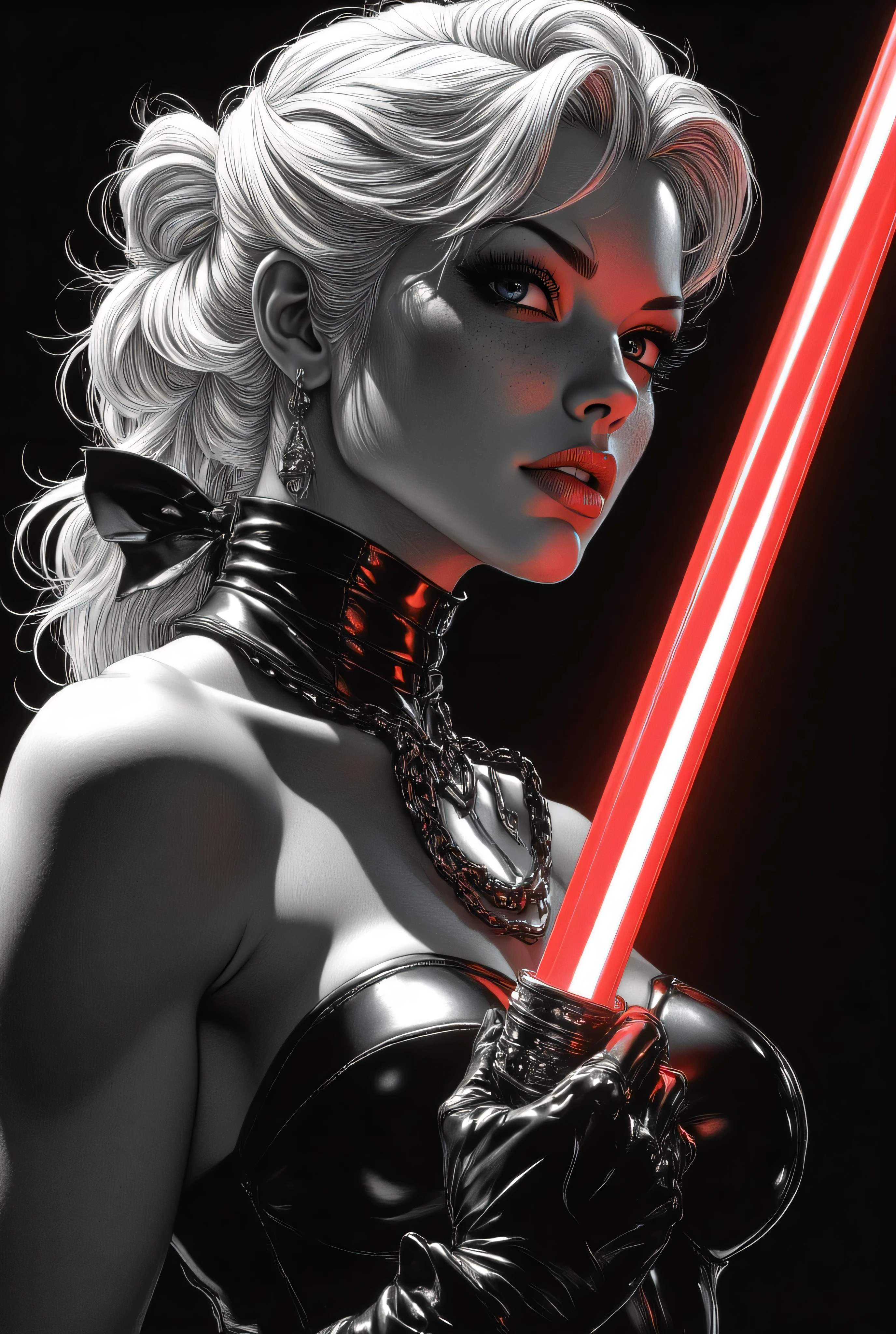 Subject/Composition: Black and white (monochrome), ultra-detailed, cinematic portrait of Una donna giovane e attraente con lunghi capelli bianchi, parzialmente ondulati o leggermente mossi, che ricadono sulle spalle. Ha un’espressione determinata e sensuale, lo sguardo intenso rivolto verso l’osservatore. Indossa un corpetto di pelle nera con dettagli in pizzo, aderente e con scollatura pronunciata. Sul collo ha un collare o choker con un piccolo pendente (ad esempio una croce o un elemento gotico).
​Details: Freckled skin with beads of water/sweat. Heavy, smoky makeup, piercing eyes.
​Her expression is a sly, confident smile, suggesting she is waiting for an attack. She holds a perfectly detailed, ignited red lightsaber in her flawlessly rendered hands. Chunky choker/chain necklace and a small dangling earring.
​Lighting/Style: High contrast, dramatic chiaroscuro lighting. Strong single light source casting deep shadows, highlighting muscle tone and texture. Ultra-realistic detail, fine film grain, high sharpness. Tense, humid atmosphere.
​Styles/Artists: Photorealism, Cinematic Lighting, Hyperdetailed, Greg Rutkowski, Artgerm, Loish, Blade Runner, Akira, Ghost in the Shell.