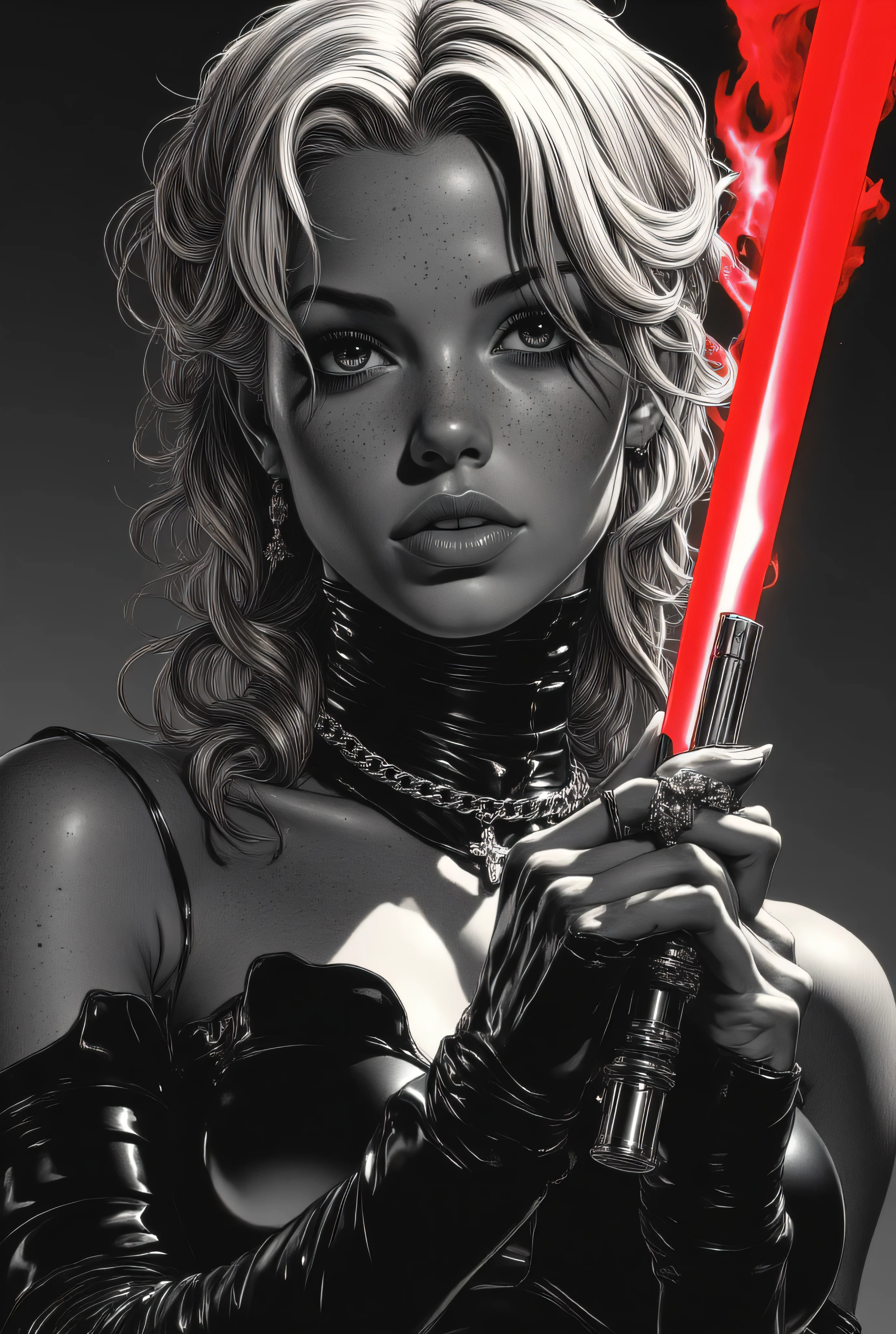 Subject/Composition: Black and white (monochrome), ultra-detailed, cinematic portrait of Una donna giovane e attraente con lunghi capelli bianchi, parzialmente ondulati o leggermente mossi, che ricadono sulle spalle. Ha un’espressione determinata e sensuale, lo sguardo intenso rivolto verso l’osservatore. Indossa un corpetto di pelle nera con dettagli in pizzo, aderente e con scollatura pronunciata. Sul collo ha un collare o choker con un piccolo pendente (ad esempio una croce o un elemento gotico).
​Details: Freckled skin with beads of water/sweat. Heavy, smoky makeup, piercing eyes.
​Her expression is a sly, confident smile, suggesting she is waiting for an attack. She holds a perfectly detailed, ignited red lightsaber in her flawlessly rendered hands. Chunky choker/chain necklace and a small dangling earring.
​Lighting/Style: High contrast, dramatic chiaroscuro lighting. Strong single light source casting deep shadows, highlighting muscle tone and texture. Ultra-realistic detail, fine film grain, high sharpness. Tense, humid atmosphere.
​Styles/Artists: Photorealism, Cinematic Lighting, Hyperdetailed, Greg Rutkowski, Artgerm, Loish, Blade Runner, Akira, Ghost in the Shell.