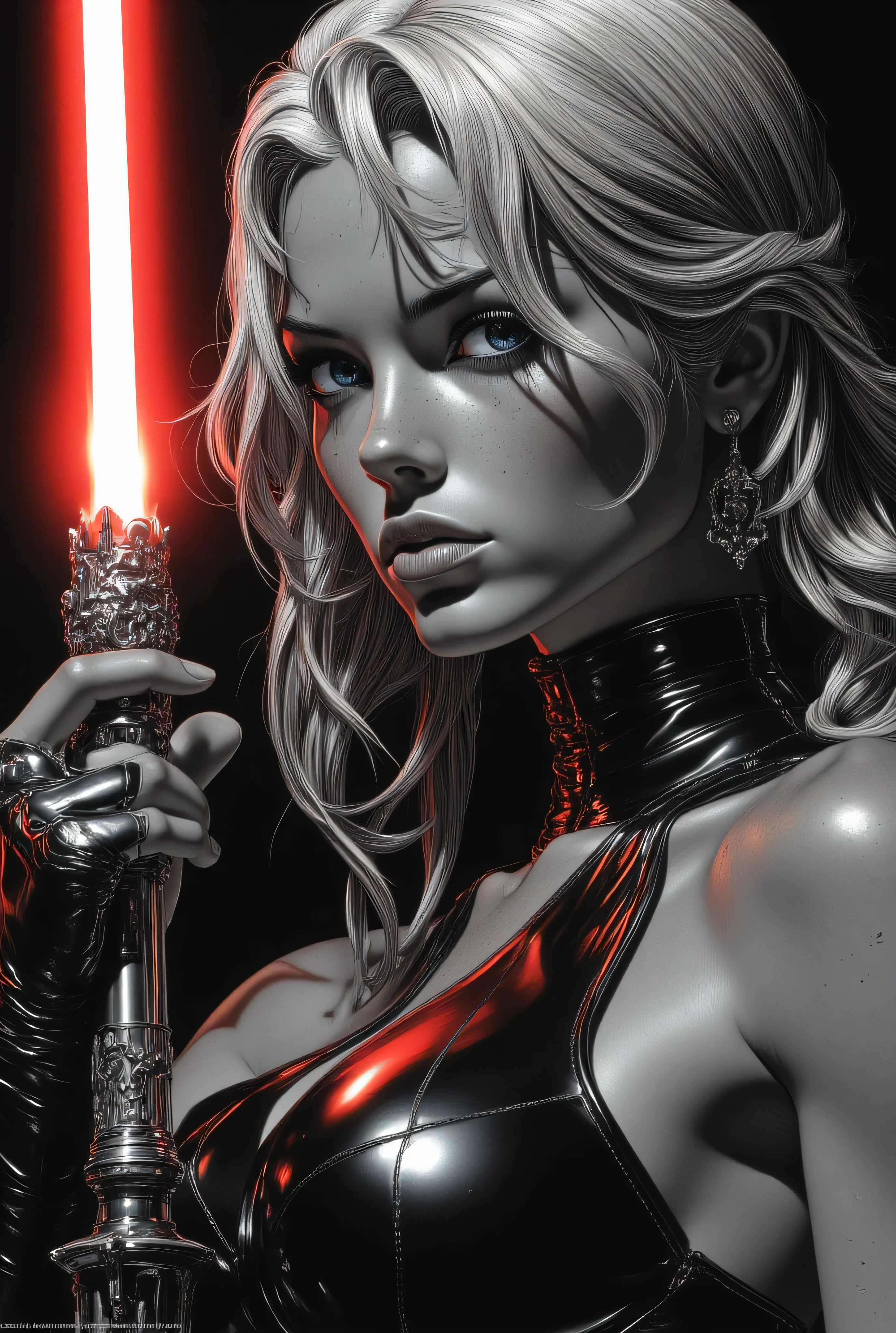 Subject/Composition: Black and white (monochrome), ultra-detailed, cinematic portrait of Una donna giovane e attraente con lunghi capelli bianchi, parzialmente ondulati o leggermente mossi, che ricadono sulle spalle. Ha un’espressione determinata e sensuale, lo sguardo intenso rivolto verso l’osservatore. Indossa un corpetto di pelle nera con dettagli in pizzo, aderente e con scollatura pronunciata. Sul collo ha un collare o choker con un piccolo pendente (ad esempio una croce o un elemento gotico).
Details: Freckled skin with beads of water/sweat. Heavy, smoky makeup, piercing eyes.
Her expression is a sly, confident smile, suggesting she is waiting for an attack. She holds a perfectly detailed, ignited red lightsaber in her flawlessly rendered hands. Chunky choker/chain necklace and a small dangling earring.
Lighting/Style: High contrast, dramatic chiaroscuro lighting. Strong single light source casting deep shadows, highlighting muscle tone and texture. Ultra-realistic detail, fine film grain, high sharpness. Tense, humid atmosphere.
Styles/Artists: Photorealism, Cinematic Lighting, Hyperdetailed, Greg Rutkowski, Artgerm, Loish, Blade Runner, Akira, Ghost in the Shell.