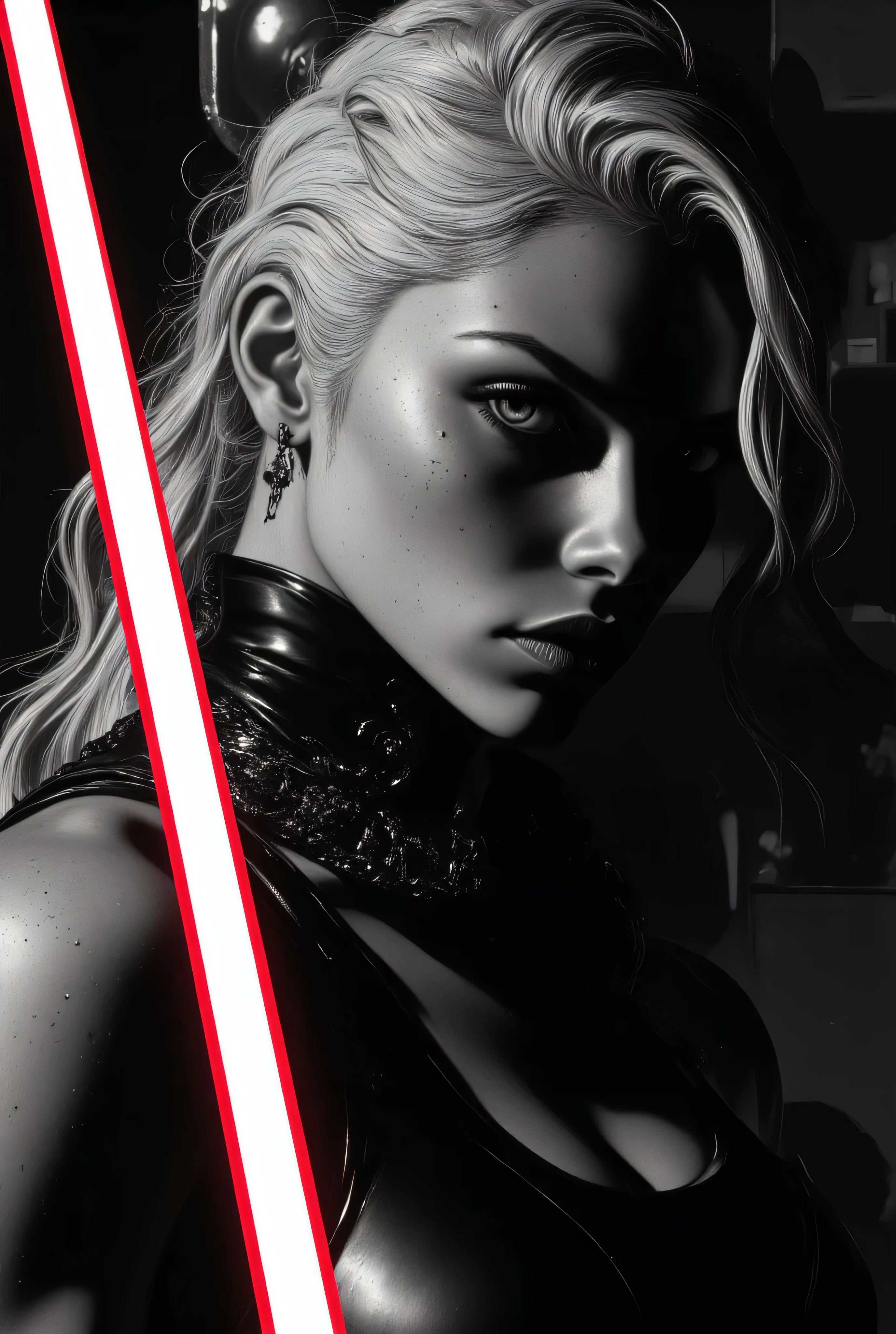 Subject/Composition: Black and white (monochrome), ultra-detailed, cinematic portrait of Una donna giovane e attraente con lunghi capelli bianchi, parzialmente ondulati o leggermente mossi, che ricadono sulle spalle. Ha un’espressione determinata e sensuale, lo sguardo intenso rivolto verso l’osservatore. Indossa un corpetto di pelle nera con dettagli in pizzo, aderente e con scollatura pronunciata. Sul collo ha un collare o choker con un piccolo pendente (ad esempio una croce o un elemento gotico).
​Details: Freckled skin with beads of water/sweat. Heavy, smoky makeup, piercing eyes.
​Her expression is a sly, confident smile, suggesting she is waiting for an attack. She holds a perfectly detailed, ignited red lightsaber in her flawlessly rendered hands. Chunky choker/chain necklace and a small dangling earring.
​Lighting/Style: High contrast, dramatic chiaroscuro lighting. Strong single light source casting deep shadows, highlighting muscle tone and texture. Ultra-realistic detail, fine film grain, high sharpness. Tense, humid atmosphere.
​Styles/Artists: Photorealism, Cinematic Lighting, Hyperdetailed, Greg Rutkowski, Artgerm, Loish, Blade Runner, Akira, Ghost in the Shell.