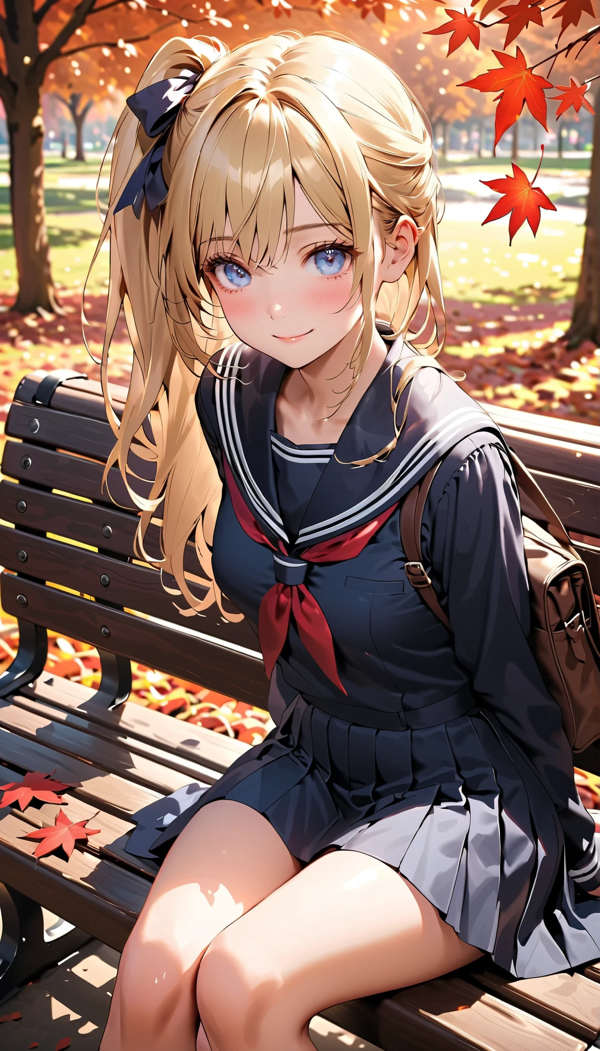 masterpiece, top-quality, ultra-high resolution, ultra detailed, realistic, photorealistic, 
beautiful detailed hair, beautiful detailed face, beautiful detailed eyes, 
1 girl, high school girl, young, babyface, cute face:1.2, 
(long hair, side ponytail, long sidelocks, blonde hair), swept bangs, blue eyes, long eye lasher, (,  thighs), shiny skin, super detailed skin, tiny, 
detailed cloth texture, (navy sailor suit, winter uniform, long sleeves, navy pleated skirt), red bowtie, school bag on lap, 
autumn, evening, (park:1.5, autumn leaf), sitting on park bench, (lovely smile, shy, embarrassed, upper eyes), 