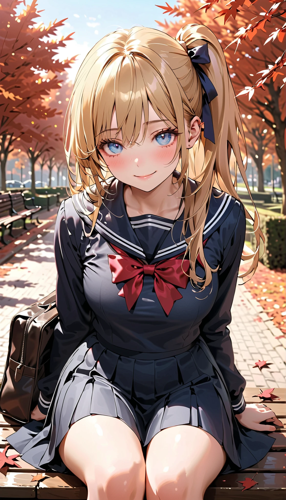 masterpiece, top-quality, ultra-high resolution, ultra detailed, realistic, photorealistic, 
beautiful detailed hair, beautiful detailed face, beautiful detailed eyes, 
1 girl, high school girl, young, babyface, cute face:1.2, 
(long hair, side ponytail, long sidelocks, blonde hair), swept bangs, blue eyes, long eye lasher, (,  thighs), shiny skin, super detailed skin, tiny, 
detailed cloth texture, (navy sailor suit, winter uniform, long sleeves, navy pleated skirt), red bowtie, school bag on lap, 
autumn, evening, (park:1.5, autumn leaf), sitting on park bench, (lovely smile, shy, embarrassed, upper eyes), 