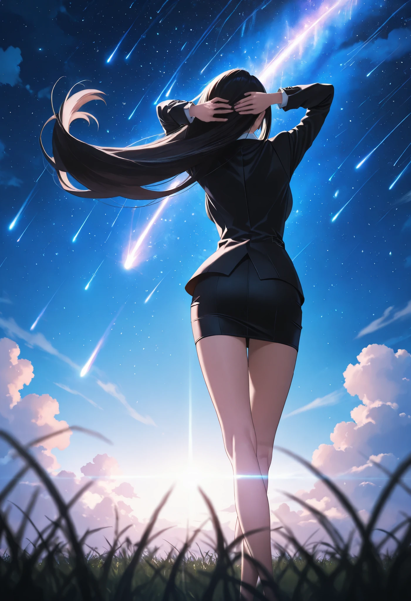 masterpiece, ultra-HD, high detail, depth of field, best quality, 8k, best quality, ergonomic, (anime coloring, anime screencap), official art.
1 girl, long legs, from behind, arms behind head, long black hair, white shirt, black suit , office lady, night sky, meteor shower, shooting stars, starry sky, blue sky, clouds, lens flare, grass, outdoors, standing, legs crossed, solo. very windy, floating skirt, floating hair, tifa lockhart,