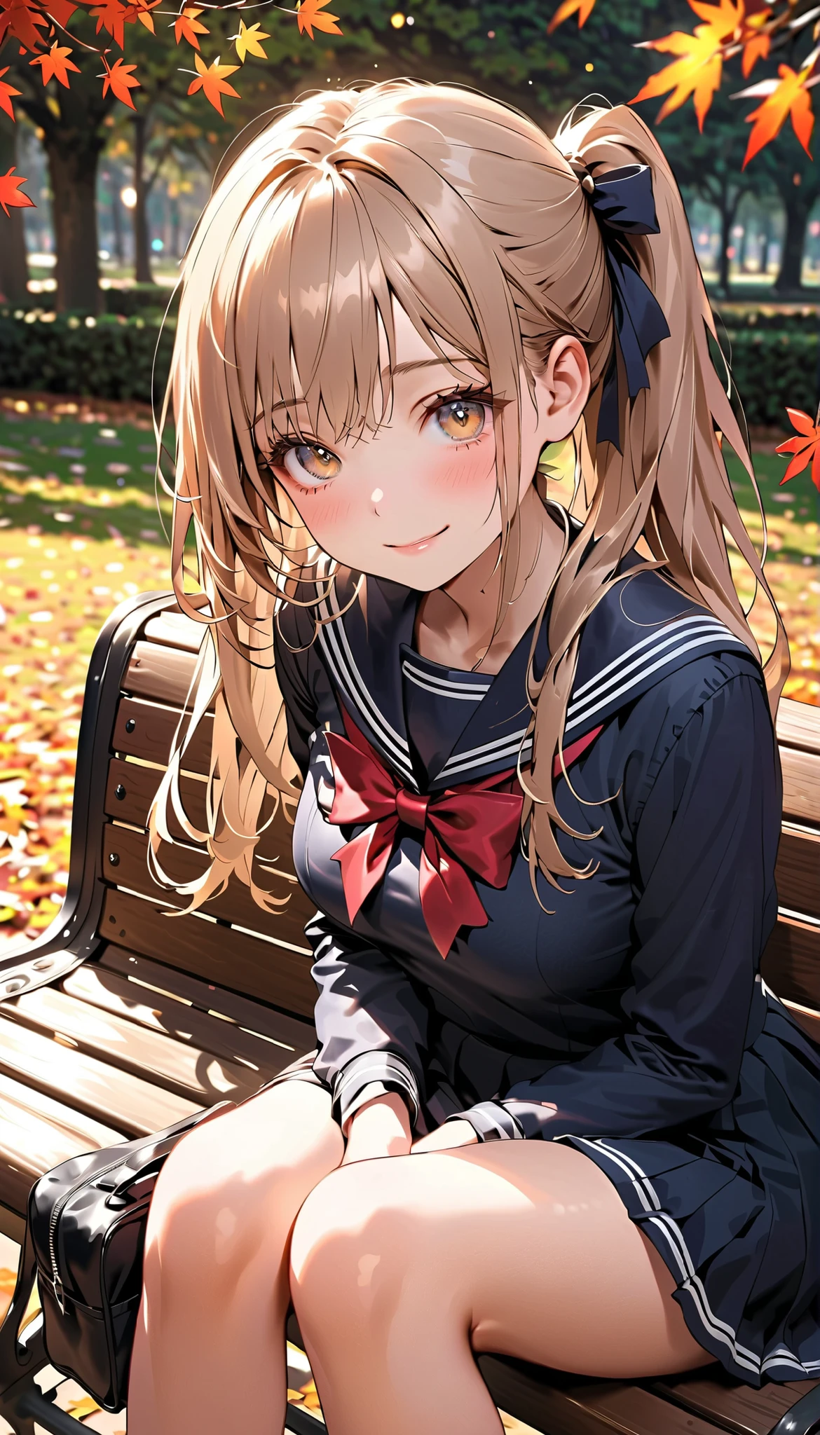 masterpiece, top-quality, ultra-high resolution, ultra detailed, realistic, photorealistic, 
beautiful detailed hair, beautiful detailed face, beautiful detailed eyes, 
1 girl, high school girl, young, babyface, cute face:1.2, 
(long hair, side ponytail, long sidelocks, light brown hair), swept bangs, light brown eyes, long eye lasher, (,  thighs), shiny skin, super detailed skin, tiny, 
detailed cloth texture, (navy sailor suit, winter uniform, long sleeves, navy pleated skirt), red bowtie, school bag on lap, 
autumn, evening, (park:1.5, autumn leaf), sitting on park bench, (lovely smile, shy, embarrassed, upper eyes), 