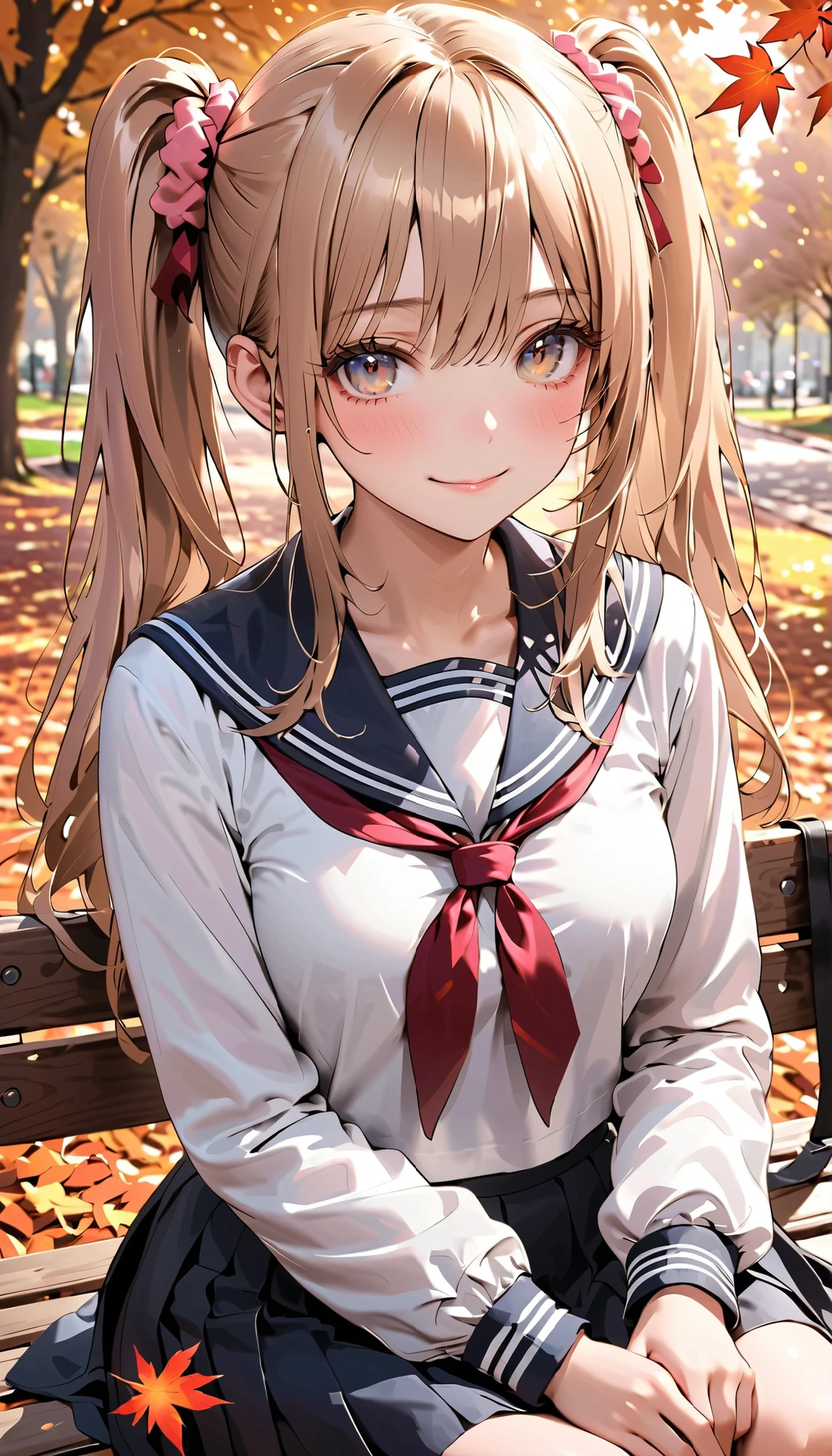 masterpiece, top-quality, ultra-high resolution, ultra detailed, realistic, photorealistic, 
beautiful detailed hair, beautiful detailed face, beautiful detailed eyes, 
looking at viewer, face focus, upper body, 1 girl, high school girl, young, babyface, cute face:1.2, 
(long hair, side ponytail, long sidelocks, light brown hair), swept bangs, light brown eyes, long eye lasher, (,  thighs), shiny skin, super detailed skin, tiny, 
detailed cloth texture, (navy sailor suit, winter uniform, long sleeves, navy pleated skirt), red bowtie, school bag on lap, pink scrunchie, 
autumn, evening, (park:1.5, autumn leaf), sitting on park bench, (lovely smile, shy, embarrassed, upper eyes), 