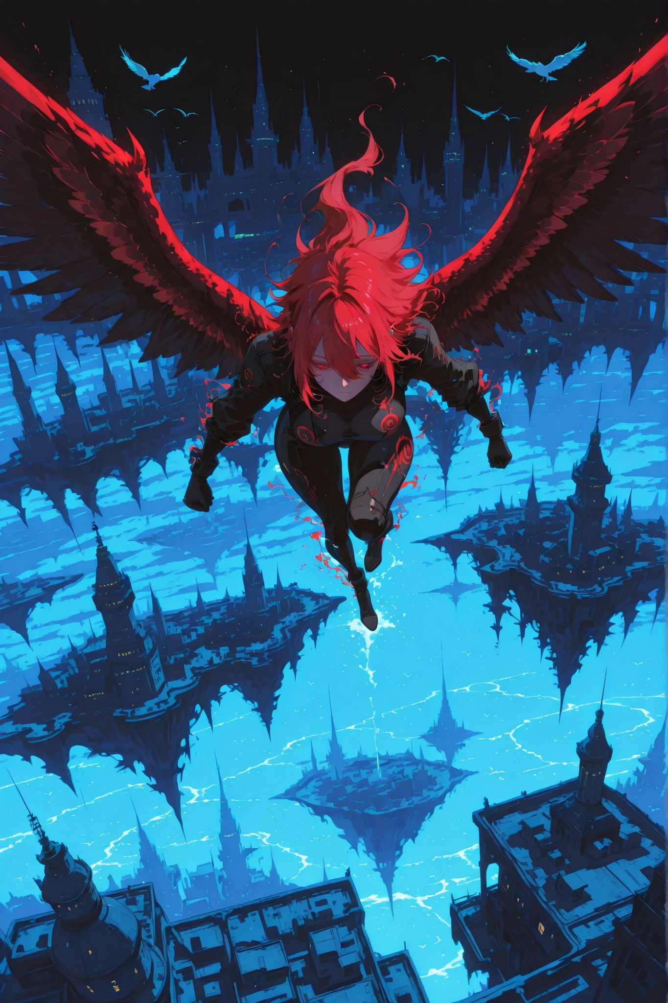 Bird's-eye view looking down at a sprawling floating city rendered in rough, expressive brushstrokes and chaotic ink splatters, with a winged dragon and red-haired woman flying high above it, dragon's wings depicted with quick, gestural strokes that extend outward from its silhouette, city below dominates the composition with architectural elements deliberately fractured into abstract geometric patterns, platforms connected by crude line work creating visual rhythm, minimal color palette with raw canvas showing through, anime-inspired futuristic structures translated through raw expressionist techniques, high-angle perspective emphasizing the vast scale of the floating metropolis beneath the small flying figures