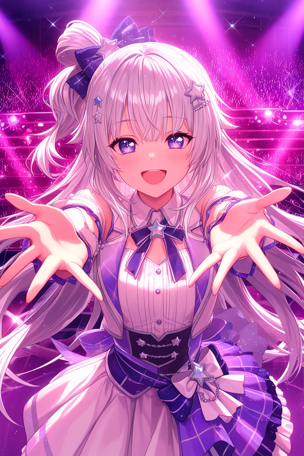 32k, 1girl, solo, long hair, looking at viewer, blush, smile, open mouth, bangs, thighhighs, gloves, dress, holding, standing, yellow eyes, purple hair, ahoge, grey hair, multicolored hair, horns, alternate costume, fang, white gloves, armpits, arm up, official alternate costume, streaked hair, standing on one leg, demon girl, demon horns, bike shorts, single thighhigh, microphone, skin fang, holding microphone, idol, idol clothes, hololive idol uniform,