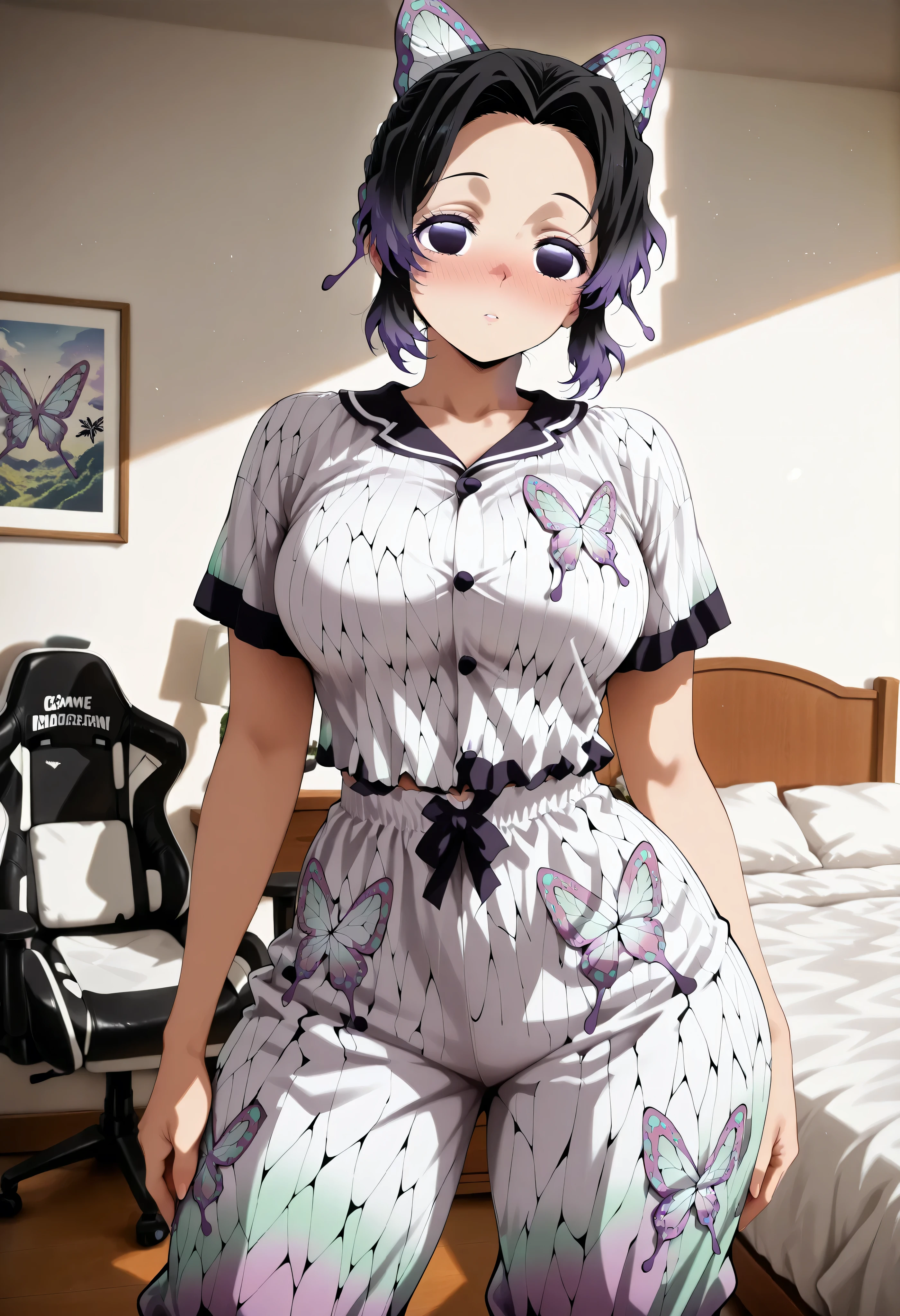 score_9, score_8_up, score_7_up, score_6_up, score_5_up, score_4_up, masterpiece, high quality, shiny skin, shiny hair, shiny body, clear body, large breasts, nose blush, nice legs, standing, nice legs, posing, SFW, looking at viewer, thick thigh, thick thighs, nice face, large breasts, solo, , shinobu kochou, animal print, black hair, butterfly hair ornament, butterfly print, forehead, gradient hair, hair ornament, multicolored hair, parted bangs, purple hair, short hair, two-tone hair,, bedroom, posing, pose, contrapposto, detailed bedroom, bed, gaming chair, gaming pc, pants, pants, fully pants, ht_pajamas,laces