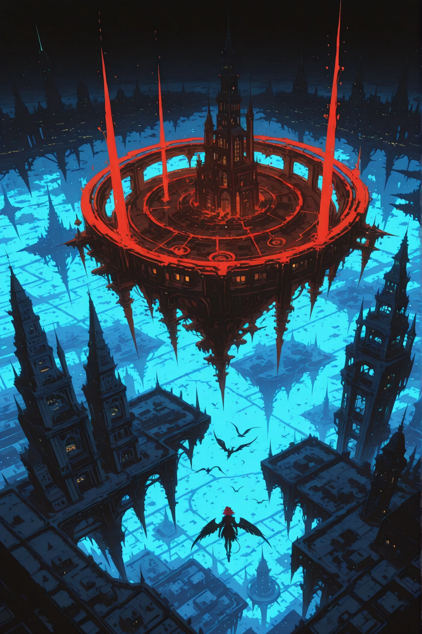 high quality, masterpiece, ultra-detailed, bird's-eye view, aerial perspective, floating city, sprawling metropolis, rough brushstrokes, expressive art style, chaotic ink splatters, winged dragon, red-haired woman rider, dragon flying high, gestural wing strokes, silhouette details, abstract geometric patterns, fractured architecture, connected platforms, crude line work, visual rhythm, minimal color palette, raw canvas texture, anime-inspired, futuristic structures, expressionist techniques, high-angle perspective, vast scale contrast, small flying figures, massive city below, abstract cityscape, monochromatic with red accent, sketchy line quality, architectural complexity, urban expanse, fantasy world, artistic composition, dramatic scale difference