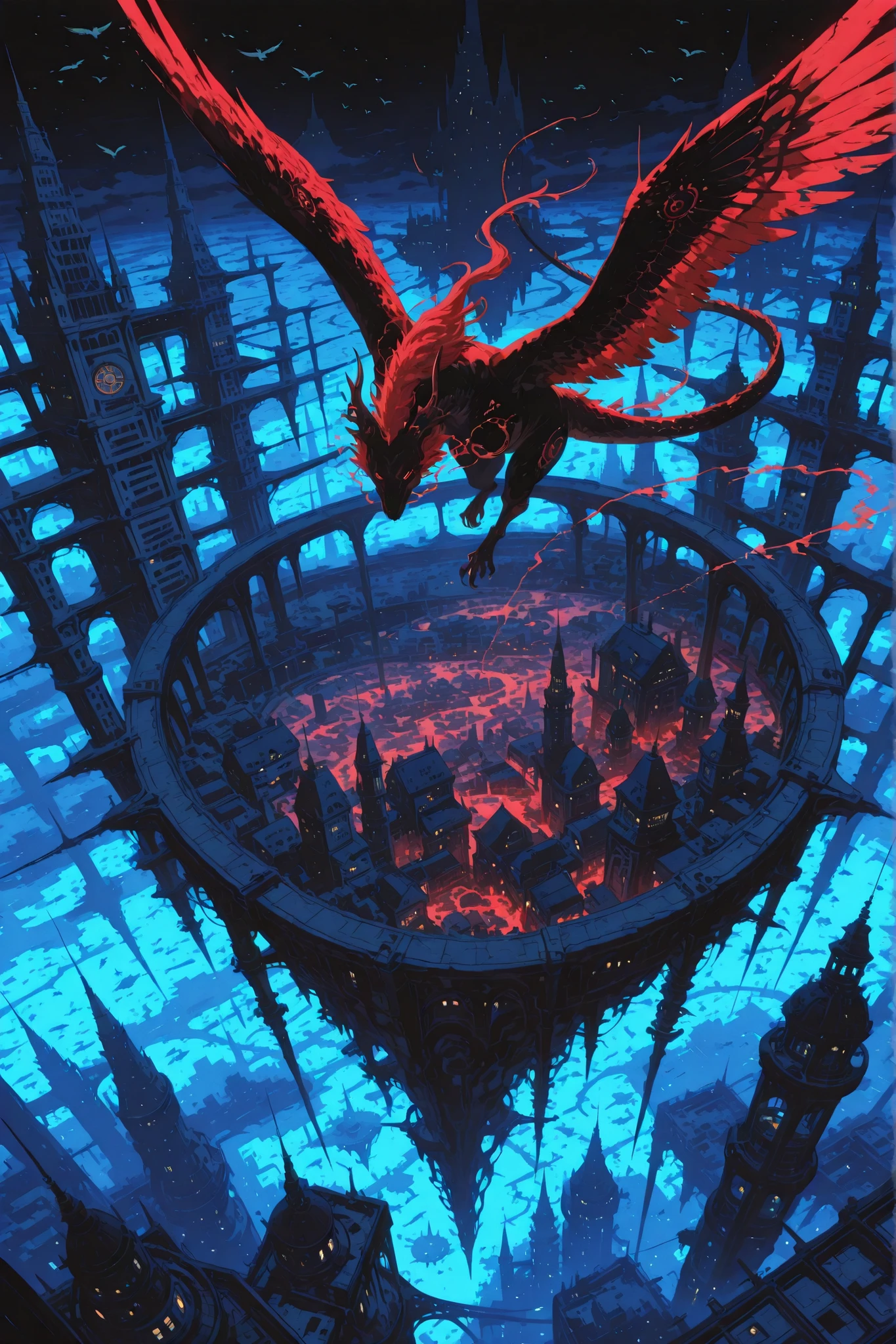 high quality, masterpiece, ultra-detailed, bird's-eye view, aerial perspective, floating city, sprawling metropolis, rough brushstrokes, expressive art style, chaotic ink splatters, winged dragon, red-haired woman rider, dragon flying high, gestural wing strokes, silhouette details, abstract geometric patterns, fractured architecture, connected platforms, crude line work, visual rhythm, minimal color palette, raw canvas texture, anime-inspired, futuristic structures, expressionist techniques, high-angle perspective, vast scale contrast, small flying figures, massive city below, abstract cityscape, monochromatic with red accent, sketchy line quality, architectural complexity, urban expanse, fantasy world, artistic composition, dramatic scale difference