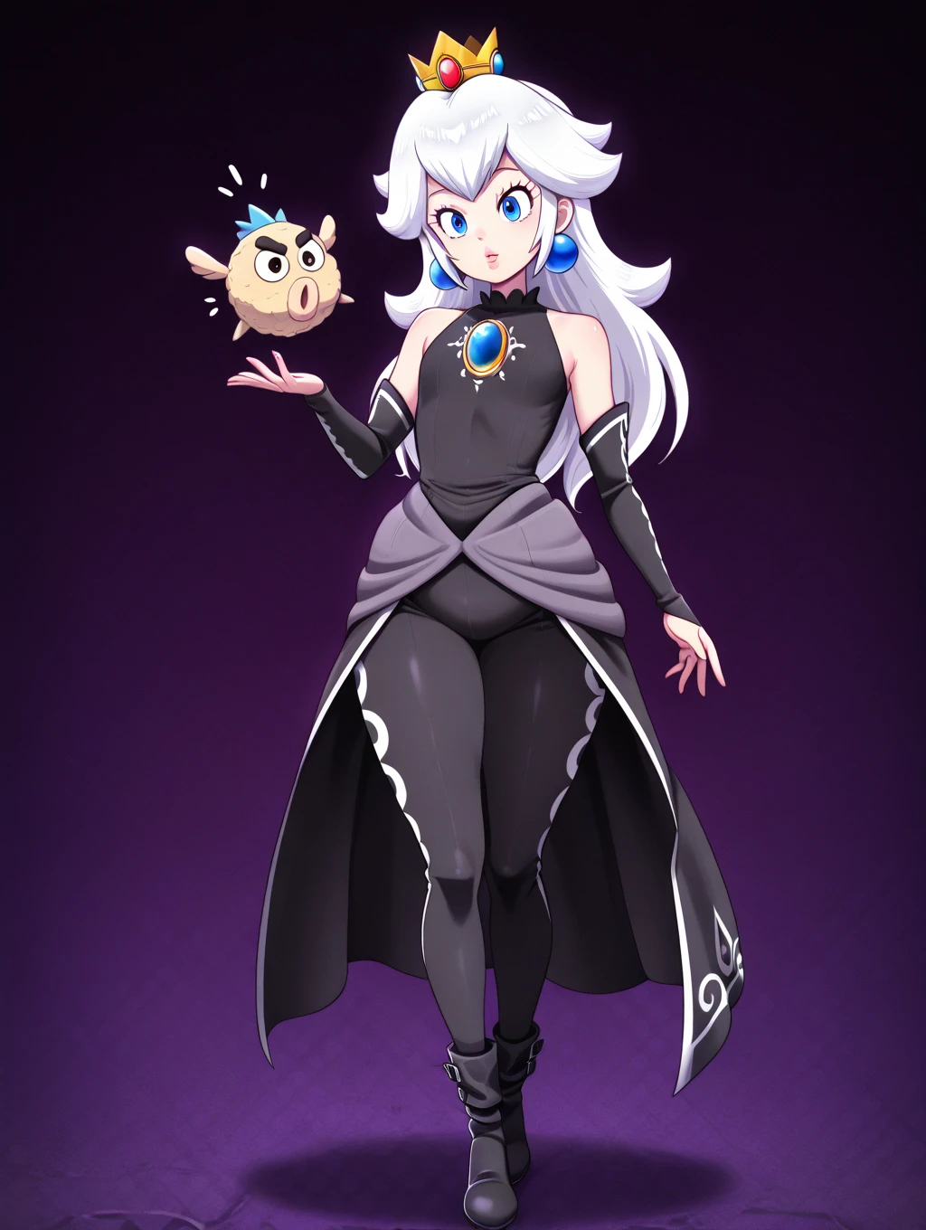 Pirotess,, (yellow eyes), white hair, silver hair, very long hair, straight hair, solo, adult woman, tall, slightly muscular, large breasted, , constricted waist, Toned body, slight abs, thin dark skin, pointy ears, lipstick, makeup, black eyeshadow,, circlet, white short dress, jewelry, bracelet, white gloves, thigh boots