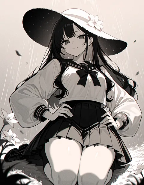 Black and white Anime 80's ink Splash School girl