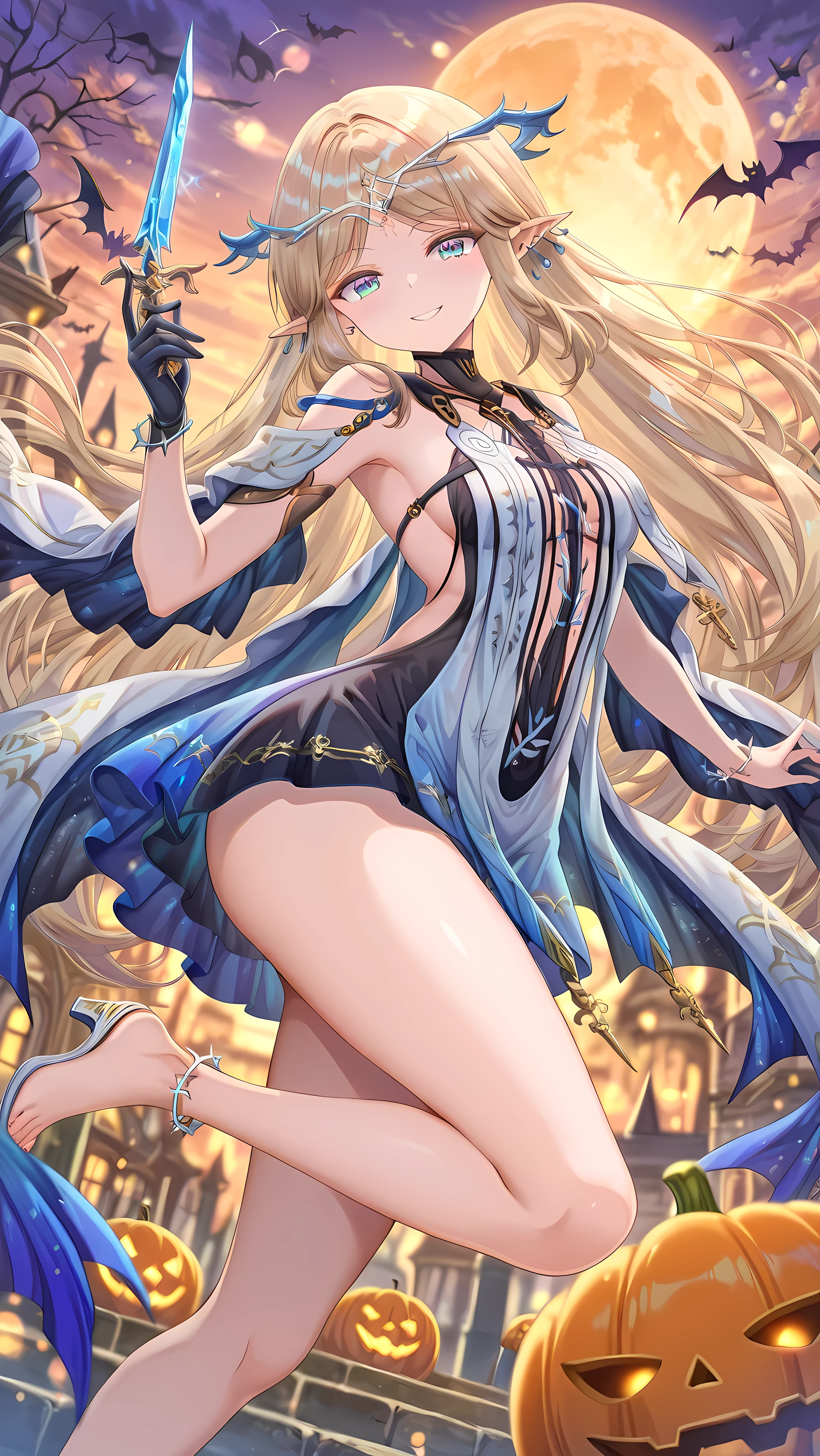 Score_9, Score_8_up, Score_7_up, Score_6_up, Score_5_up, Score_4_up, Source_authentic, masterpiece, best quality, amazing quality, very aesthetic, high resolution, ultra-detailed, absurdres, newest, scenery,(depth of field:1.5),
(super fine illustration,professional quality,ultra high res), beautiful detailed eyes,
(high brightness),
break
cartethyia,
circlet, earrings, blue strap, detached cape, bracelet, anklet, white heels,fleurdelys, circlet, single horn, earrings, single pauldron, single gauntlet, anklet, barefoot,
torino_aqua,(((extremely detailed background)), Lots of elements in background,((super-detailed background)), Halloween background, ((8K wallpaper)),
1girl,
Smiling face, Glossy eyes, Animated, Seductive, Erotic, Glossy skin Thighs, Sexy,
(Cute Illustration: 1.3), (High Saturation: 1.3), Cute face and eyes,
Dynamic lighting, stylish, random pose, looking at viewer,
(Dutch angle: 1.2),(dynamic angle: 1.2),