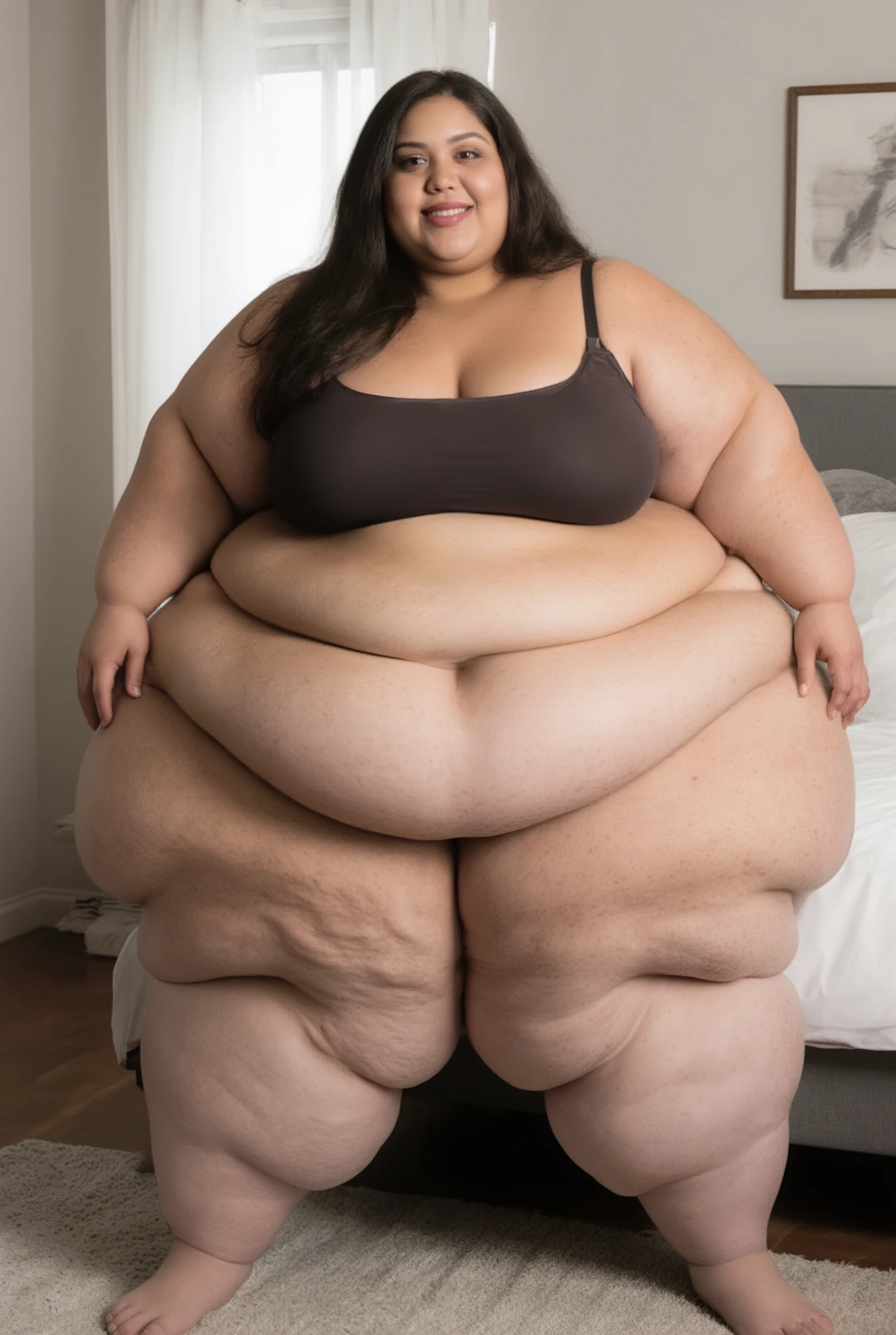 A Full-length portrait of a woman captured from head to toe. She is a beautiful, extremely fat, extremely plus-sized woman. She is an extremely morbidly obese, super super sized, SSBBW, USSBBW weighing 800 pounds with massive rolls of fat, a huge sagging belly hanging over her thighs, and enormous hips and thighs. Her ass is huge and fat. She has fat, pillowy arms. She has gigantic natural sagging breasts. Her face is extremely beautiful, fat, and she has huge plump lips. She is a teenager. She is looking at viewer with a seductive smile. She is an african american black woman. She is wearing lingerie. She is standing in her bedroom. The image is photorealistic, with 8k resolution, global illumination and shadows. She has beautiful, realistic skin with detailed texture