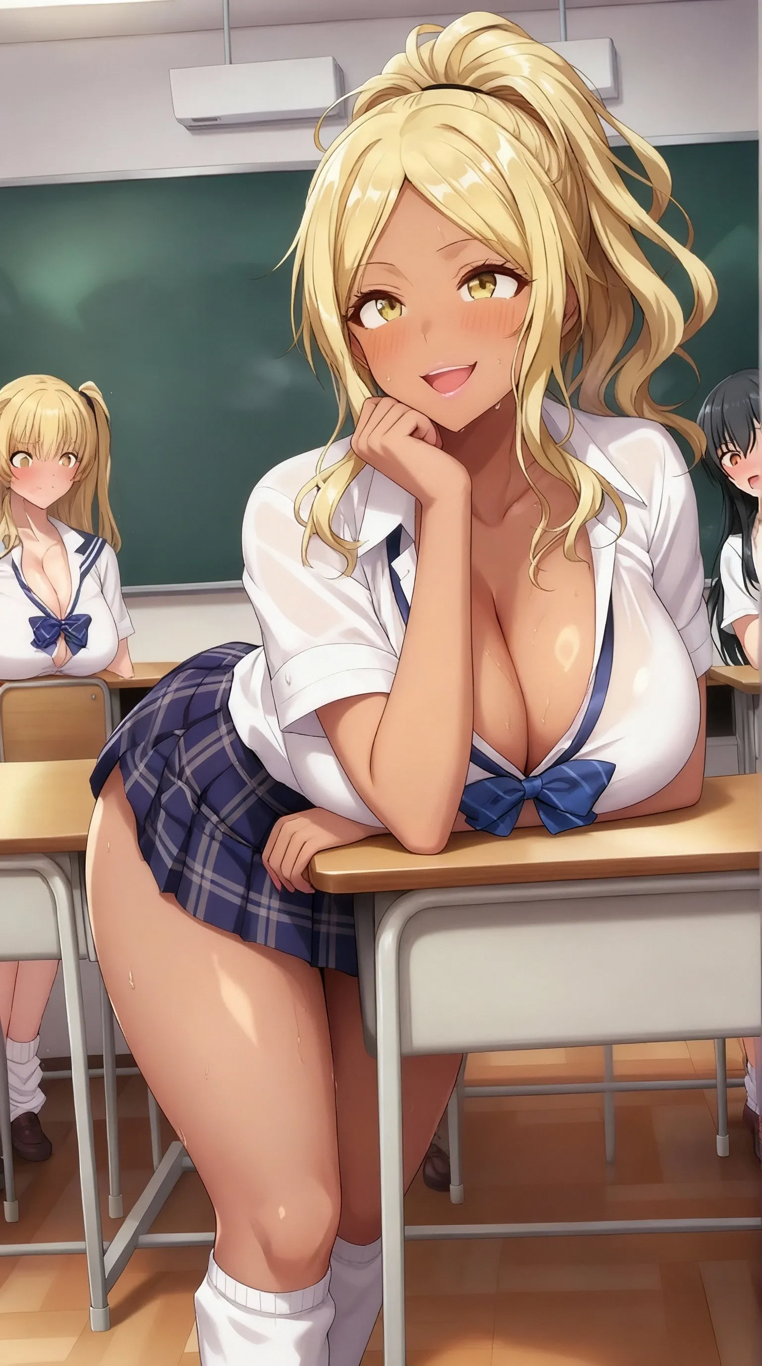 Anime Moe Art Style,Highest quality,High resolution,Anatomically correct,Multiple Girls,Mid-teens,color々Girl with a hairstyle,Super detailed,Big Breasts,Shiny skin,Beautiful Skin,A rich expression,A big smile,high school girl,Gal-style girl,Undressing,Nipples are visible,classroom,Blazer sitting at desk,mini skirt,sexy,Eyes drawn in detail,8k