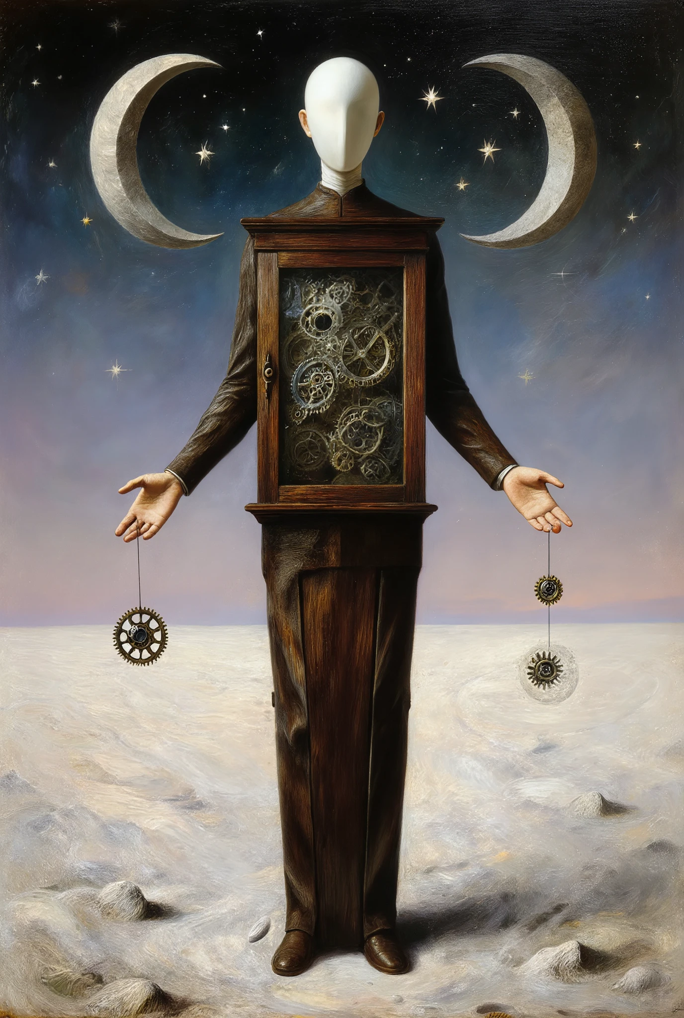 Surrealist oil painting, metaphysical landscape, intricate detail, poetic surrealism, soft celestial twilight, style of Siudmak and Magritte. A tall, slender being composed of polished, dark wood and porcelain, like a living artisan cabinet. Its face is a blank, smooth porcelain plate, but its chest is a transparent window revealing a complex orrery of orbiting, mismatched cogs and dying stars. With its many delicate hands, it is carefully placing floating, weightless gears into the air, where they hang and slowly turn, meshing with the gears of a vast, invisible mechanism. The landscape is a desert of white, powdered marble under a perpetual, twilit sky where two crescent moons face each other to form a perfect, impossible circle.