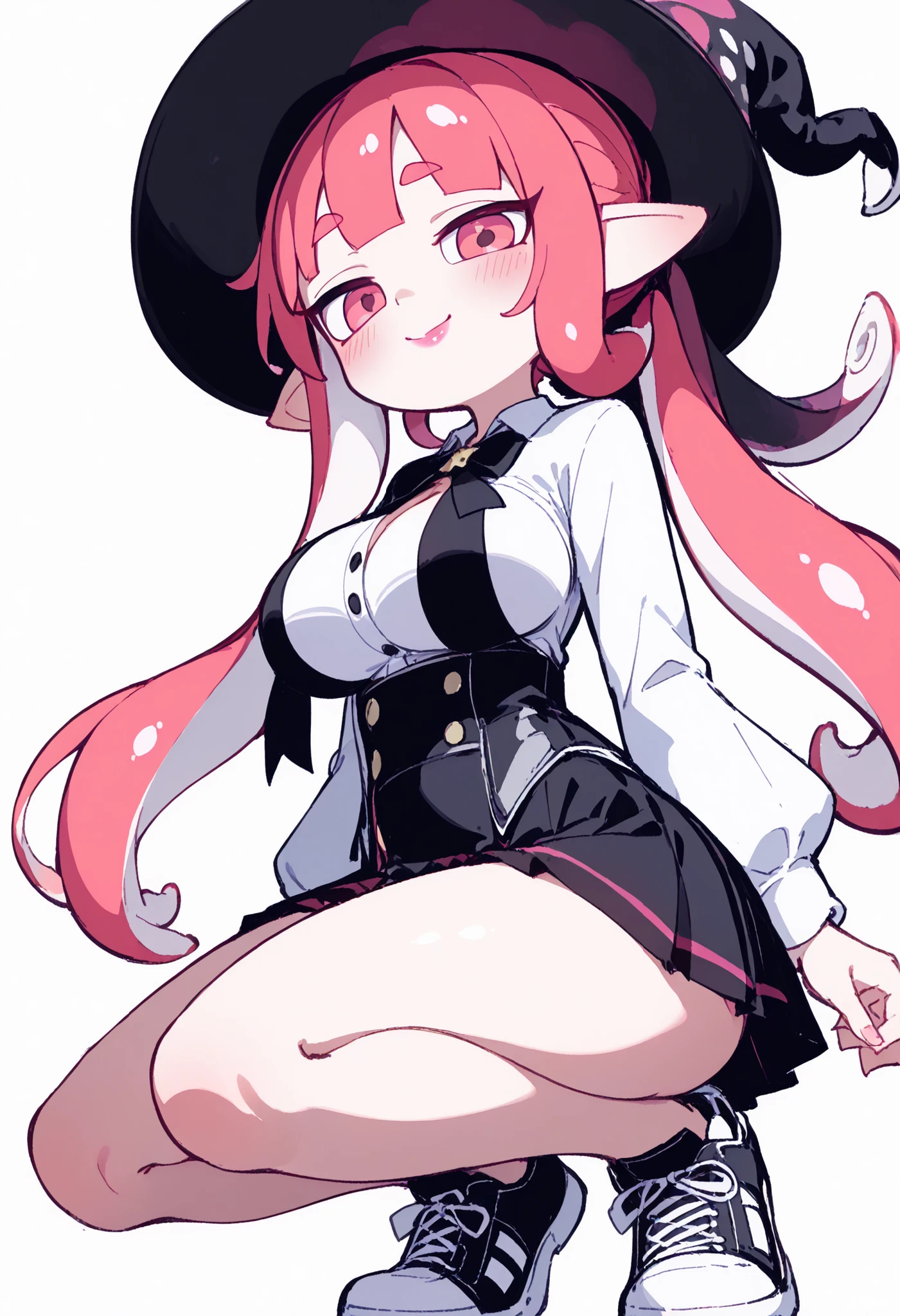 nsfw、masterpiece、high resolution、Highest Quality、Slightly strong contrast、realistic with a full body crouching、deformed、1 Cute Splatoon Girl、Inkling、wizard girl、Full Body、detailed face、beautiful faces、Big, Cute Eyes、beautiful eyes、golden eyes、long lashes、plump lips、 dark pink lipstick 、Blush、Slightly Smiling、long tentacle hair 、 dark red hair 、ponytail、(((very large breasts、cleavage:2.5)))、slender、Wizard Outfit、Open Front Clothes、with the shoulders sticking out、revealing street clothes、Exposing Clothes、Wizard's Hat、thin waist、buttock、small buttocks、Low Rise Micro Mini Skirt、cute dynamic Chuck Pose、sexy、Thick Soled Sneakers、(( chibi))、from below、sitting、Open your legs、Magic Rim、