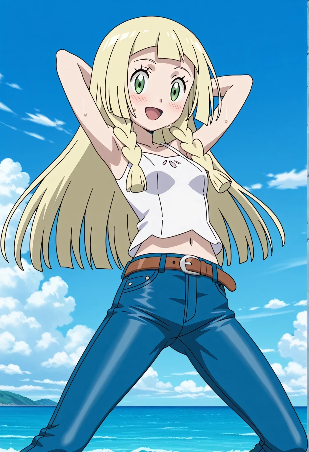 score_9, score_8_up, score_7_up, source_anime, highres, hi res, ((best quality, top quality, perfect quality, Highest Quality, amazing quality)), {{masterpiece}}, {{an extremely delicate and beautiful}}, 2d, intricate details, official style, anime, 8k, anime style, official_anime, official art, digital painting, cell shading, soft shading, high resolution, soothing tones, Subdued Color, Soft cinematic light, adobe lightroom, photolab, HDR, intricately and hyper-detailed, ((high quality animation)), 1 girl, Alone, solo, ((ocean)), tsunami, on the water, day, sunny, outdoors, sky, windy, lillie \(pokemon\), Pokemon sun & moon, blonde hair, blunt bangs, green eyes, long hair, braid, anime screencap, small breasts, white camisole top, crop top, white crop top, best quality, hyper-detailed jeans, belt, brown belt, ((blue jeans:1.9)), (dark blue jeans:0.6), full medium body, medium shot, Open mouth, smiling, happy face, blush, sweat, standing, ((arms behind head:6.0)), ((perfect arm line:2.5)), bowlegged, jumping pose, action, looking at viewer, spread legs, Bend knees slightly, straight-on front view