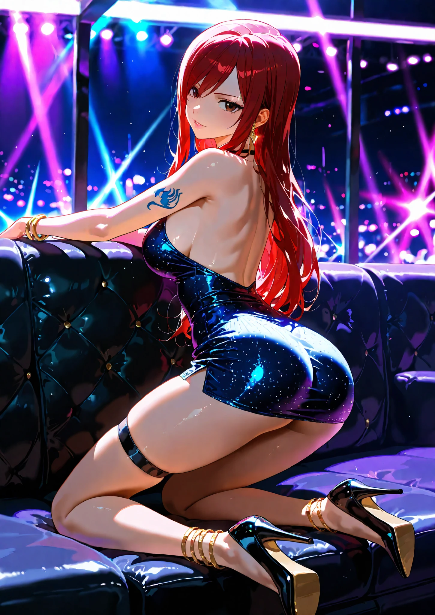 1girl, solo, erza scarlet, fairy tail, short dress, kneeling on the couch, nightclub, vip lounge, short dress, bracelets, leg jewelry, high heels, looking back, seductive, sexy pose, alluring atmosphere, cinematic lighting, BREAK, masterpiece, superb quality,warm color,high resolution,high fashion,absurdres extremely,vivid colors,intricate details,best quality,amazing quality,very aesthetic,newest,ultra-detailed,nsfw,
