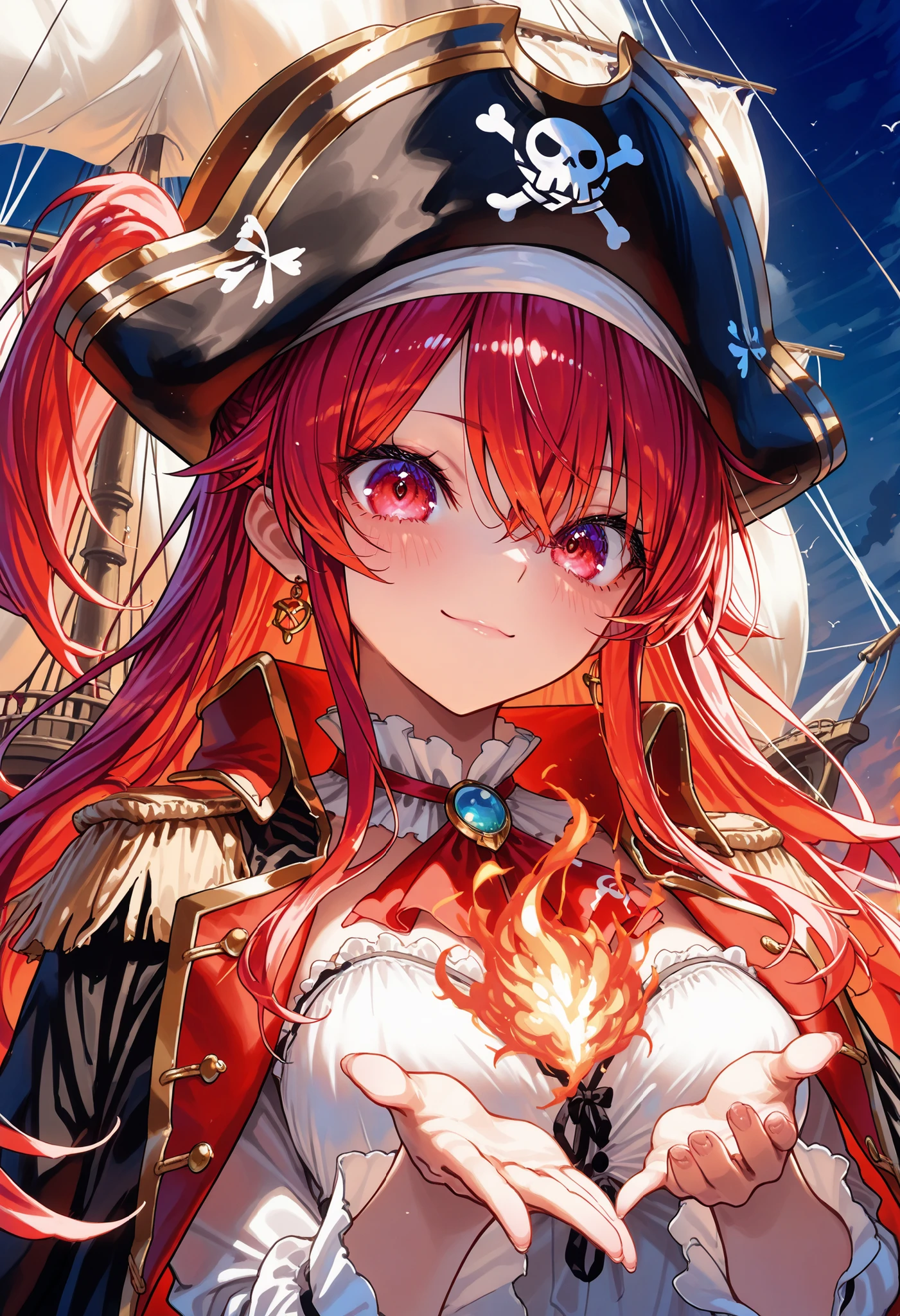 Brilliant Colors,beautiful eyes,A delicate smile,Textured Skin,masterpiece,Kilo,Highest Quality,gentle and beautiful woman,captain,Pirate Fleet,無数のsailが旗めく,sail,The Enchanted Pirate,A powerful pirate ship,A magnificent ship's hull,A rolling ocean,A vibrant scarlet flag,A pirate captain full of adventurous spirit,night,Break (masterpiece:1.2), 最High Quality, high resolution, Unity 8k Wallpaper, (shape:0.8), (Beautiful attention to detail:1.6), Highly detailed faces, perfect lighting, very detailed CG, (perfect hands, perfect anatomy),St. Elmo's Fire,meteor、空から降り注ぐmeteor、無数のmeteor群,The Ship Wrapped in the Hand of Fire,A gaze with thick eyelashes,A look like a noble thief,The captain's solemn posture,Extreme detail,Realistic,professional,Incredibly detailed,masterpiece,4K,High Quality,ultimate reality,Dramatic Lighting,dynamic composition,Overwhelming Realism,Dark tones and highly saturated accents,A lively marine painting