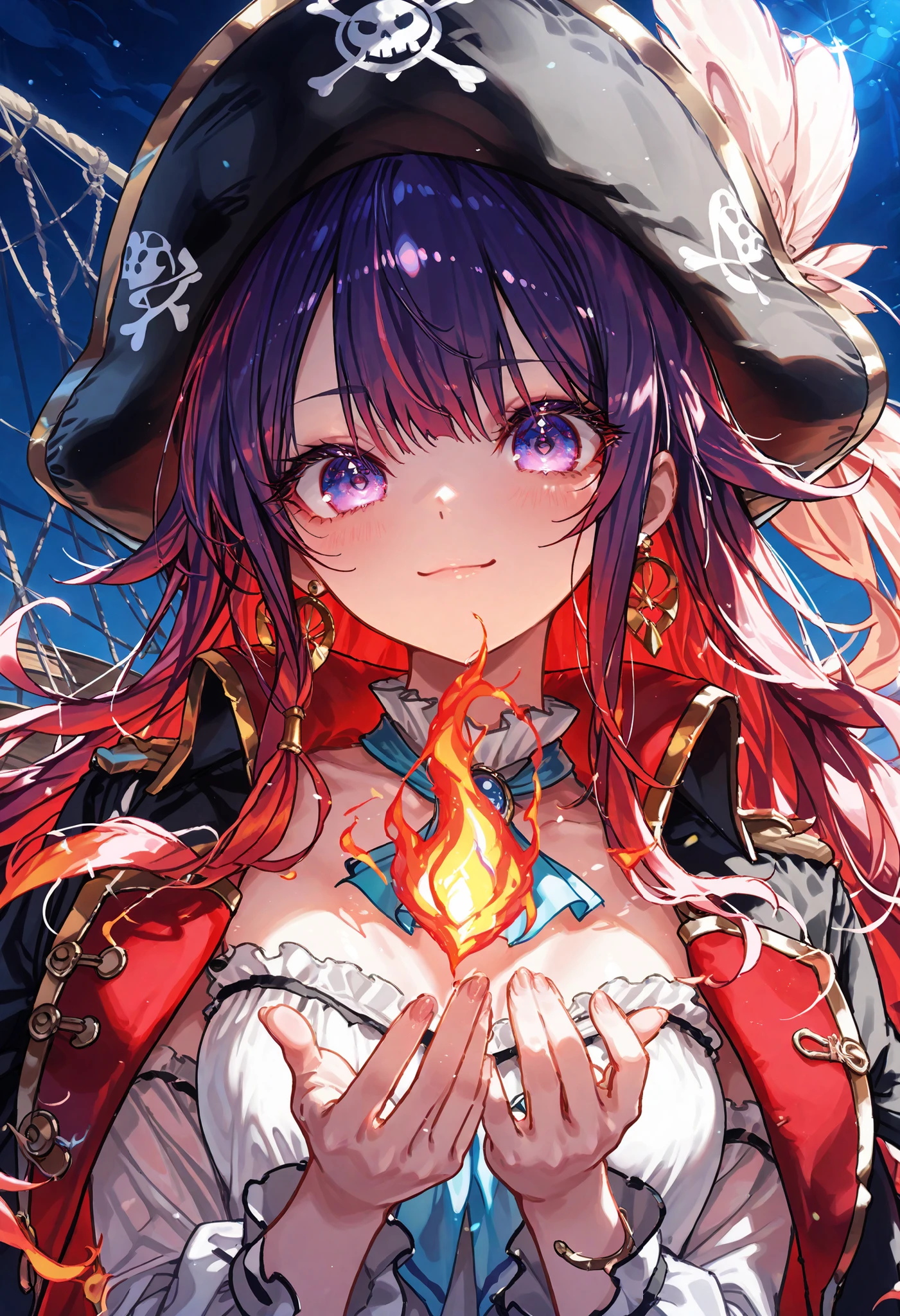 Brilliant Colors,beautiful eyes,A delicate smile,Textured Skin,masterpiece,Kilo,Highest Quality,gentle and beautiful woman,captain,Pirate Fleet,無数のsailが旗めく,sail,The Enchanted Pirate,A powerful pirate ship,A magnificent ship's hull,A rolling ocean,A vibrant scarlet flag,A pirate captain full of adventurous spirit,night,Break (masterpiece:1.2), 最High Quality, high resolution, Unity 8k Wallpaper, (shape:0.8), (Beautiful attention to detail:1.6), Highly detailed faces, perfect lighting, very detailed CG, (perfect hands, perfect anatomy),St. Elmo's Fire,meteor、空から降り注ぐmeteor、無数のmeteor群,The Ship Wrapped in the Hand of Fire,A gaze with thick eyelashes,A look like a noble thief,The captain's solemn posture,Extreme detail,Realistic,professional,Incredibly detailed,masterpiece,4K,High Quality,ultimate reality,Dramatic Lighting,dynamic composition,Overwhelming Realism,Dark tones and highly saturated accents,A lively marine painting