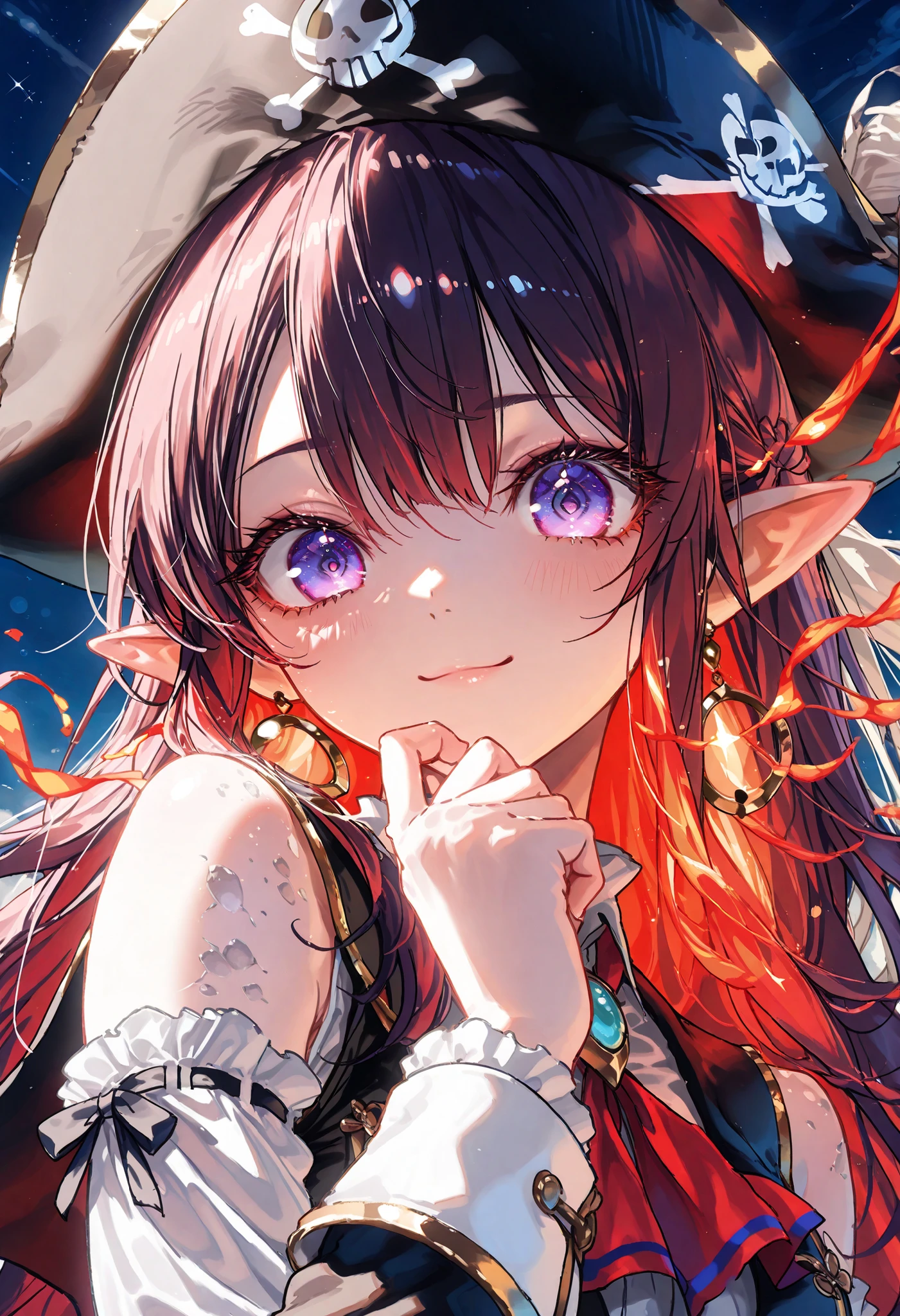 Brilliant Colors,beautiful eyes,A delicate smile,Textured Skin,masterpiece,Kilo,Highest Quality,gentle and beautiful woman,captain,Pirate Fleet,無数のsailが旗めく,sail,The Enchanted Pirate,A powerful pirate ship,A magnificent ship's hull,A rolling ocean,A vibrant scarlet flag,A pirate captain full of adventurous spirit,night,Break (masterpiece:1.2), 最High Quality, high resolution, Unity 8k Wallpaper, (shape:0.8), (Beautiful attention to detail:1.6), Highly detailed faces, perfect lighting, very detailed CG, (perfect hands, perfect anatomy),meteor、空から降り注ぐmeteor、無数のmeteor群,The Ship Wrapped in the Hand of Fire,A gaze with thick eyelashes,A look like a noble thief,The captain's solemn posture,Extreme detail,Realistic,professional,Incredibly detailed,masterpiece,4K,High Quality,ultimate reality,Dramatic Lighting,dynamic composition,Overwhelming Realism,Dark tones and highly saturated accents,A lively marine painting