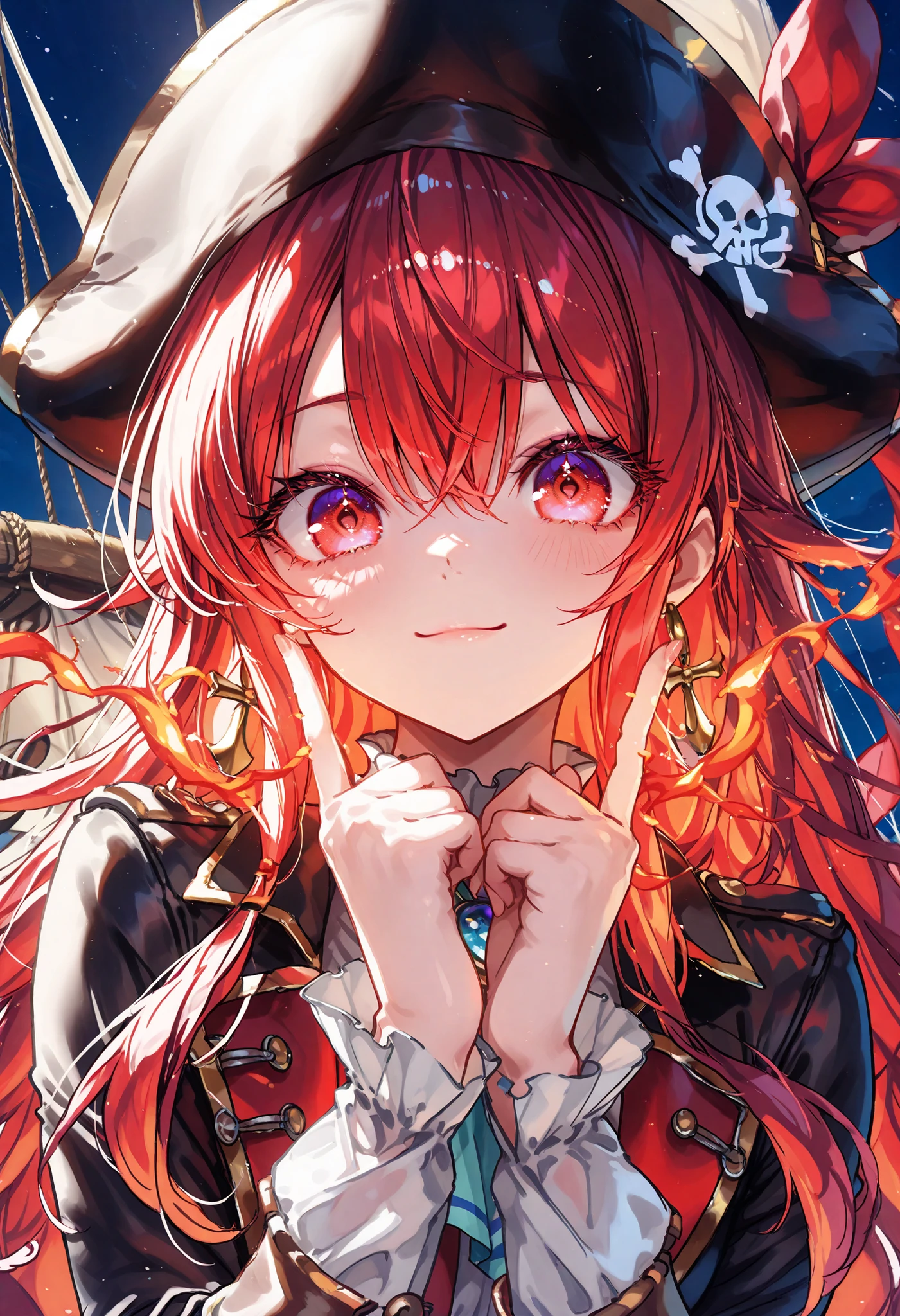 Brilliant Colors,beautiful eyes,A delicate smile,Textured Skin,masterpiece,Kilo,Highest Quality,gentle and beautiful woman,captain,Pirate Fleet,無数のsailが旗めく,sail,The Enchanted Pirate,A powerful pirate ship,A magnificent ship's hull,A rolling ocean,A vibrant scarlet flag,A pirate captain full of adventurous spirit,night,Break (masterpiece:1.2), 最High Quality, high resolution, Unity 8k Wallpaper, (shape:0.8), (Beautiful attention to detail:1.6), Highly detailed faces, perfect lighting, very detailed CG, (perfect hands, perfect anatomy),meteor、空から降り注ぐmeteor、無数のmeteor群,The Ship Wrapped in the Hand of Fire,A gaze with thick eyelashes,A look like a noble thief,The captain's solemn posture,Extreme detail,Realistic,professional,Incredibly detailed,masterpiece,4K,High Quality,ultimate reality,Dramatic Lighting,dynamic composition,Overwhelming Realism,Dark tones and highly saturated accents,A lively marine painting