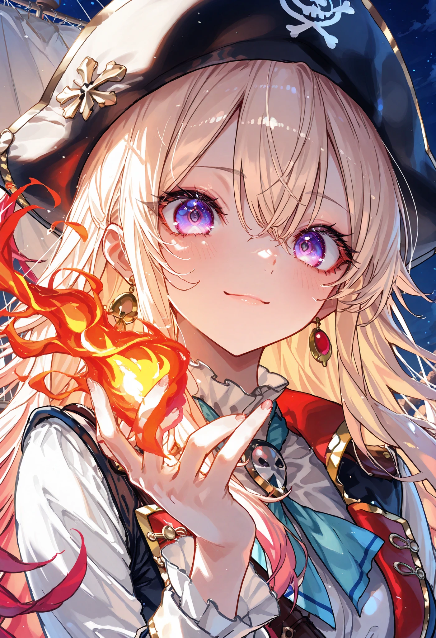 Brilliant Colors,beautiful eyes,A delicate smile,Textured Skin,masterpiece,Kilo,Highest Quality,gentle and beautiful woman,captain,Pirate Fleet,無数のsailが旗めく,sail,The Enchanted Pirate,A powerful pirate ship,A magnificent ship's hull,A rolling ocean,A vibrant scarlet flag,A pirate captain full of adventurous spirit,night,Break (masterpiece:1.2), 最High Quality, high resolution, Unity 8k Wallpaper, (shape:0.8), (Beautiful attention to detail:1.6), Highly detailed faces, perfect lighting, very detailed CG, (perfect hands, perfect anatomy),meteor、空から降り注ぐmeteor、無数のmeteor群,The Ship Wrapped in the Hand of Fire,A gaze with thick eyelashes,A look like a noble thief,The captain's solemn posture,Extreme detail,Realistic,professional,Incredibly detailed,masterpiece,4K,High Quality,ultimate reality,Dramatic Lighting,dynamic composition,Overwhelming Realism,Dark tones and highly saturated accents,A lively marine painting