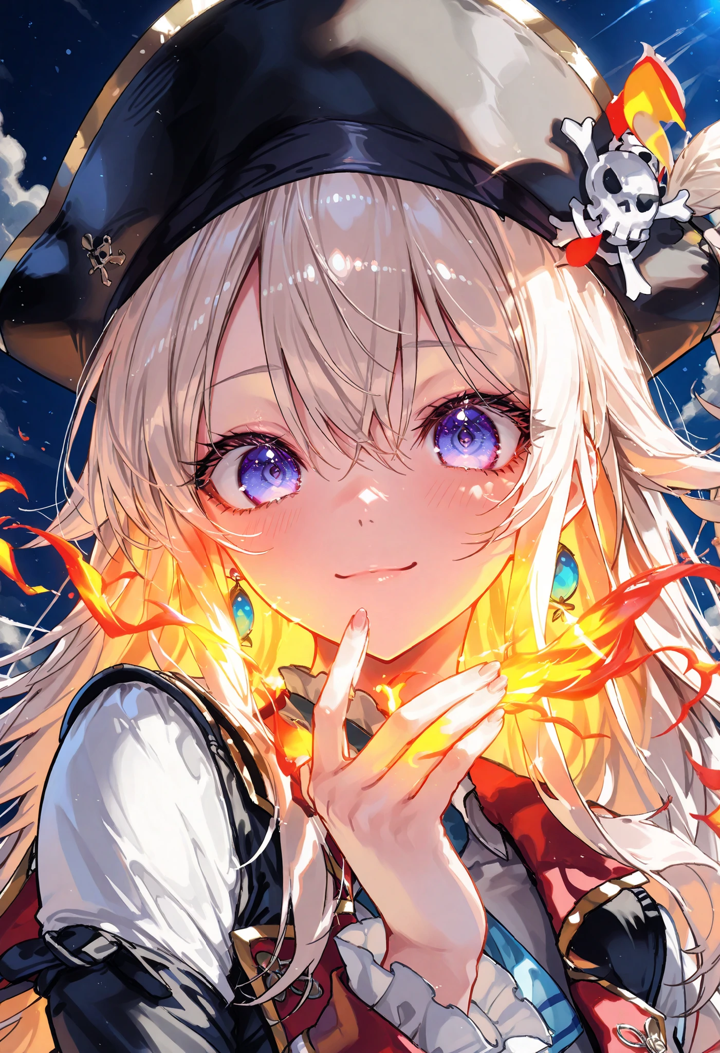 Brilliant Colors,beautiful eyes,A delicate smile,Textured Skin,masterpiece,Kilo,Highest Quality,gentle and beautiful woman,captain,Pirate Fleet,無数のsailが旗めく,sail,The Enchanted Pirate,A powerful pirate ship,A magnificent ship's hull,A rolling ocean,A vibrant scarlet flag,A pirate captain full of adventurous spirit,night,Break (masterpiece:1.2), 最High Quality, high resolution, Unity 8k Wallpaper, (shape:0.8), (Beautiful attention to detail:1.6), Highly detailed faces, perfect lighting, very detailed CG, (perfect hands, perfect anatomy),meteor、空から降り注ぐmeteor、無数のmeteor群,The Ship Wrapped in the Hand of Fire,A gaze with thick eyelashes,A look like a noble thief,The captain's solemn posture,Extreme detail,Realistic,professional,Incredibly detailed,masterpiece,4K,High Quality,ultimate reality,Dramatic Lighting,dynamic composition,Overwhelming Realism,Dark tones and highly saturated accents,A lively marine painting