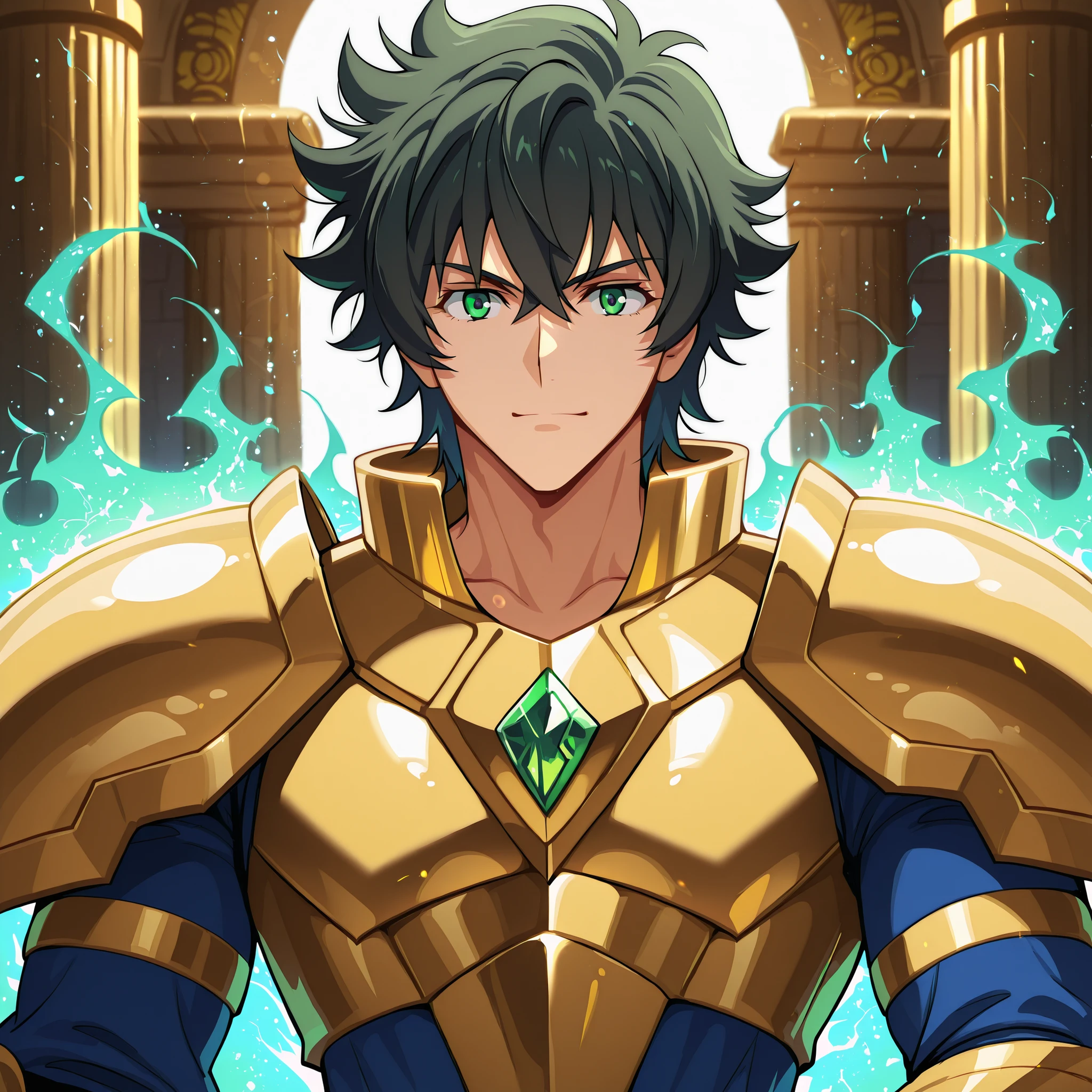 Detailed anime-style fantasy illustration featuring a Naofumi Iwatani, from The Rise of the Shield Hero, proudly wears the Saint Seiya-inspired Golden Armor of Leo. His build is athletic and slender, without being overly muscular. He has tousled black hair, dark green eyes, and a calm yet confident expression. Leo's Armor shines a radiant gold, with intricate mechanical details on the arms and shoulders, symbolizing balance and justice. His Legendary Shield is integrated into the design, glowing faintly with emerald energy. Background: A temple of golden pillars, bathed in sunlight and a cosmic aura. Heroic pose. Gleaming armor. Smooth, reflective metal.