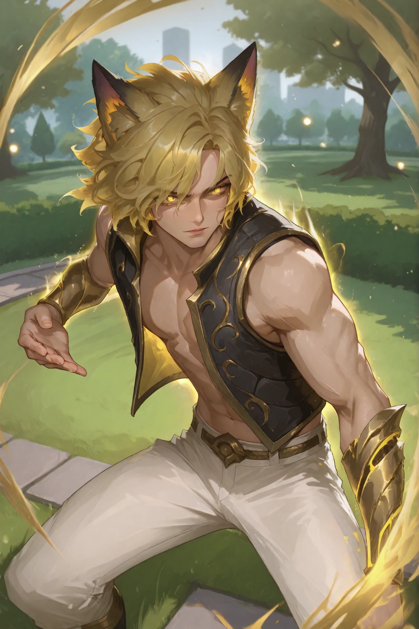 Male, wavy hair, golden hair, short hair, golden eyes, high school, golden aura, park landscape, golden aura, floating hair, fight stance, toned, fox ears, masculine, sleeveless open vest, exposed arms, white pants, Sett (league of legends)
