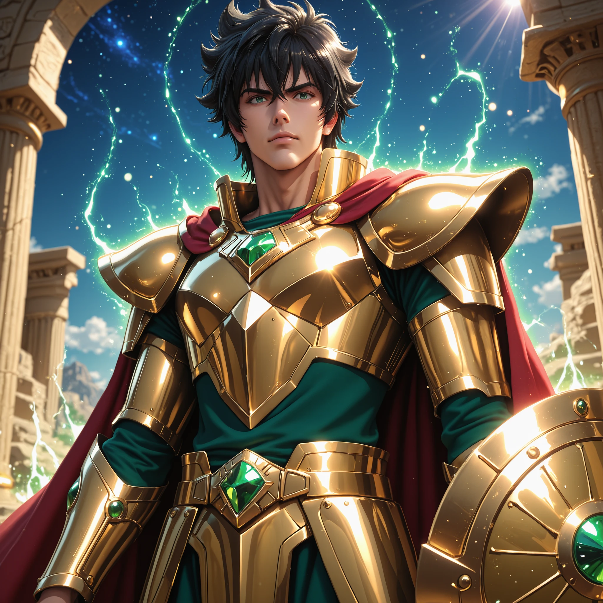 Detailed anime-style fantasy illustration featuring a Naofumi Iwatani, from The Rise of the Shield Hero, proudly wears the Saint Seiya-inspired Golden Armor of Leo. His build is athletic and slender, without being overly muscular. He has tousled black hair, dark green eyes, and a calm yet confident expression. Leo's Armor shines a radiant gold, with intricate mechanical details on the arms and shoulders, symbolizing balance and justice. His Legendary Shield is integrated into the design, glowing faintly with emerald energy. Background: A temple of golden pillars, bathed in sunlight and a cosmic aura. Heroic pose. Gleaming armor. Smooth, reflective metal.