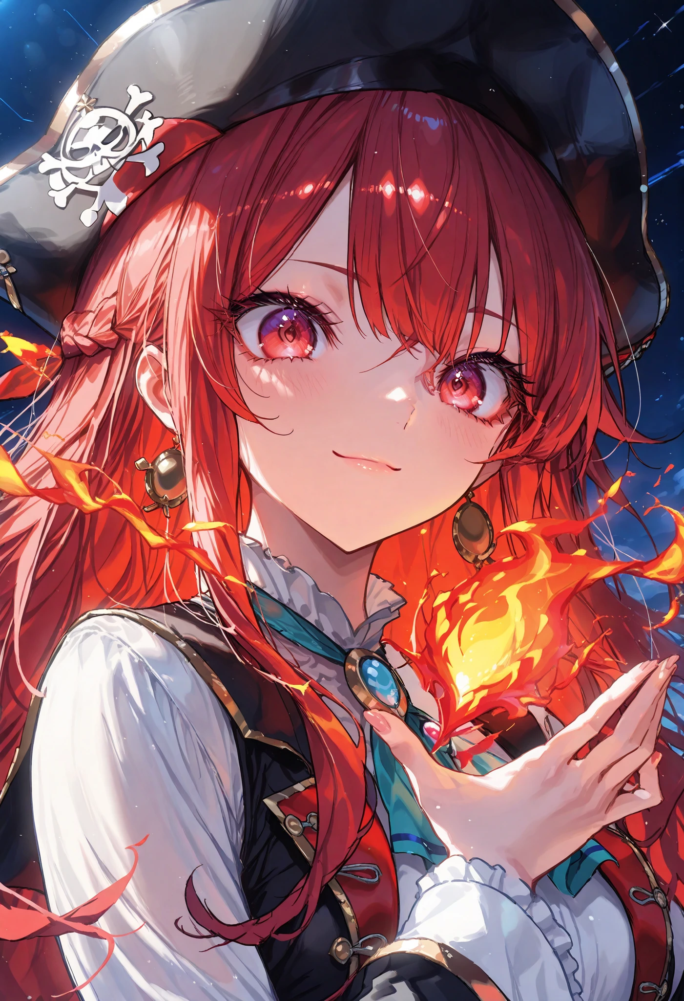 Brilliant Colors,beautiful eyes,A delicate smile,Textured Skin,masterpiece,Kilo,Highest Quality,gentle and beautiful woman,赤い髪,captain,Pirate Fleet,無数のsailが旗めく,sail,The Enchanted Pirate,A powerful pirate ship,A magnificent ship's hull,A rolling ocean,A vibrant scarlet flag,A pirate captain full of adventurous spirit,night,Break (masterpiece:1.2), 最High Quality, high resolution, Unity 8k Wallpaper, (shape:0.8), (Beautiful attention to detail:1.6), Highly detailed faces, perfect lighting, very detailed CG, (perfect hands, perfect anatomy),meteor、空から降り注ぐmeteor、無数のmeteor群,The Ship Wrapped in the Hand of Fire,A gaze with thick eyelashes,A look like a noble thief,The captain's solemn posture,Extreme detail,Realistic,professional,Incredibly detailed,masterpiece,4K,High Quality,ultimate reality,Dramatic Lighting,dynamic composition,Overwhelming Realism,Dark tones and highly saturated accents,A lively marine painting