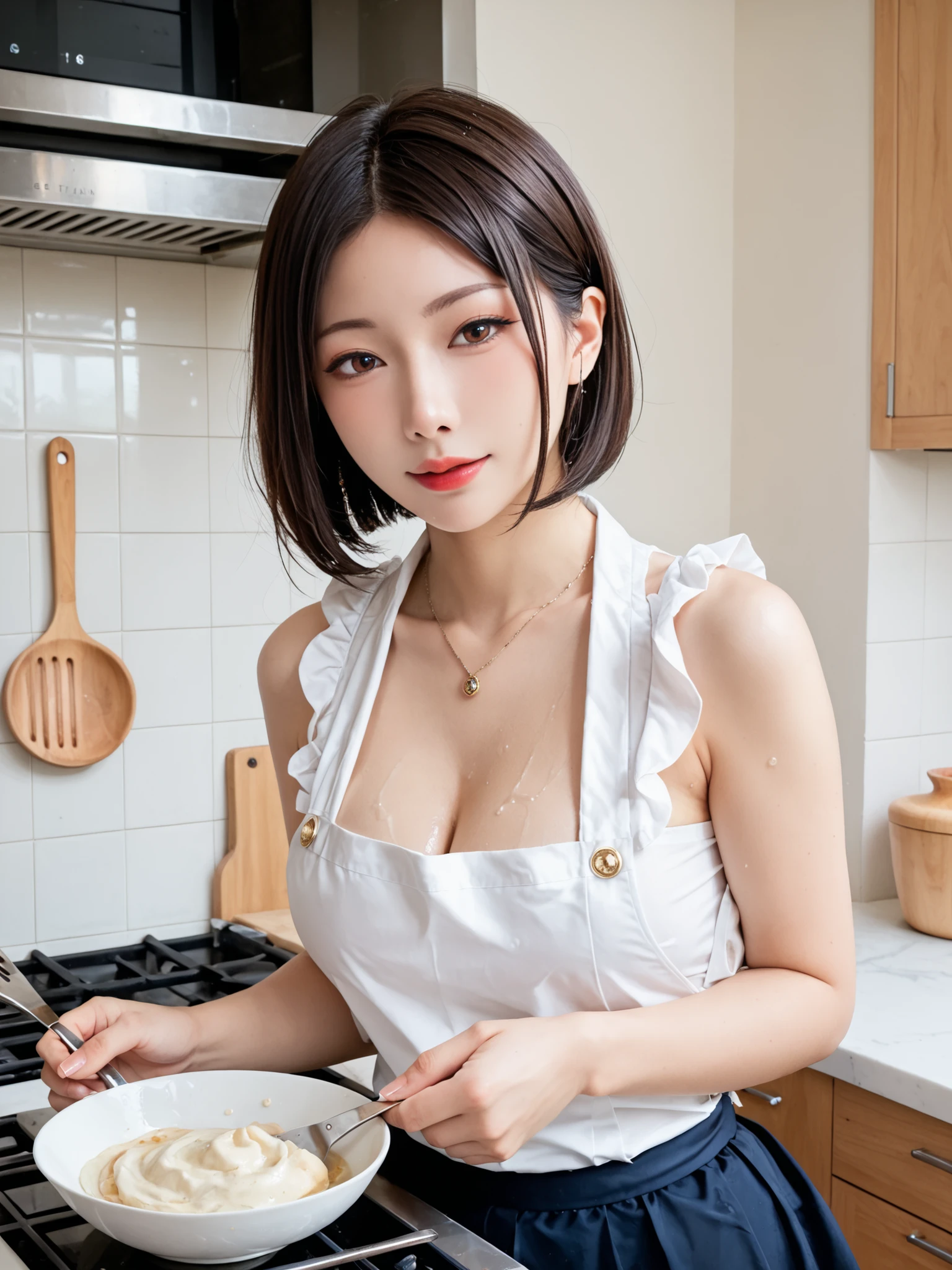 Highest Quality, masterpiece,viewers,bewitching expression,cleavage,sleeveless,mini skirt,aprons,portrait, like the picture, Taiwanese beauty, cooking in the kitchen, big boobs,wet skin,soft touch,Delicate Body Curves,Realistic Human Body,bob cut,is cooking,